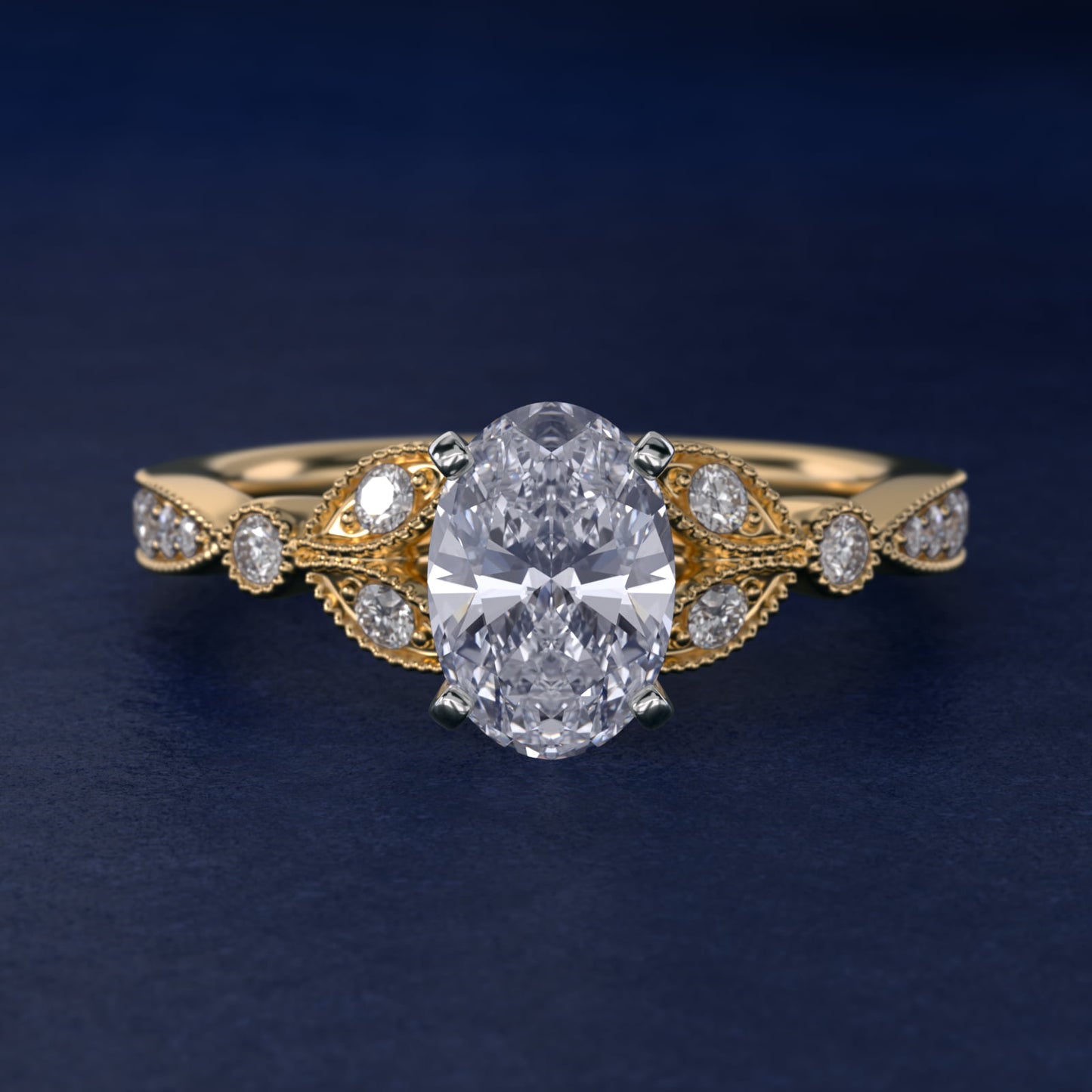 Petite Vintage PavŽ Leaf Diamond Engagement Ring in 18k Yellow Gold (1/5 ct. tw.) - Oval Center