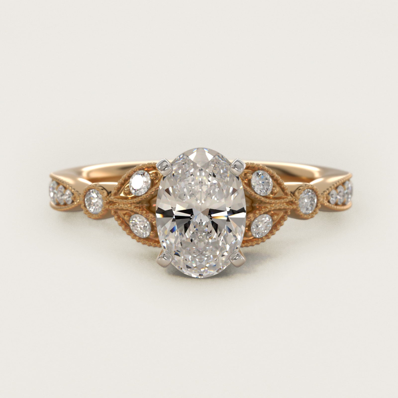 Petite Vintage PavŽ Leaf Diamond Engagement Ring in 14K Yellow Gold (1/5 ct. tw.) - Oval Center