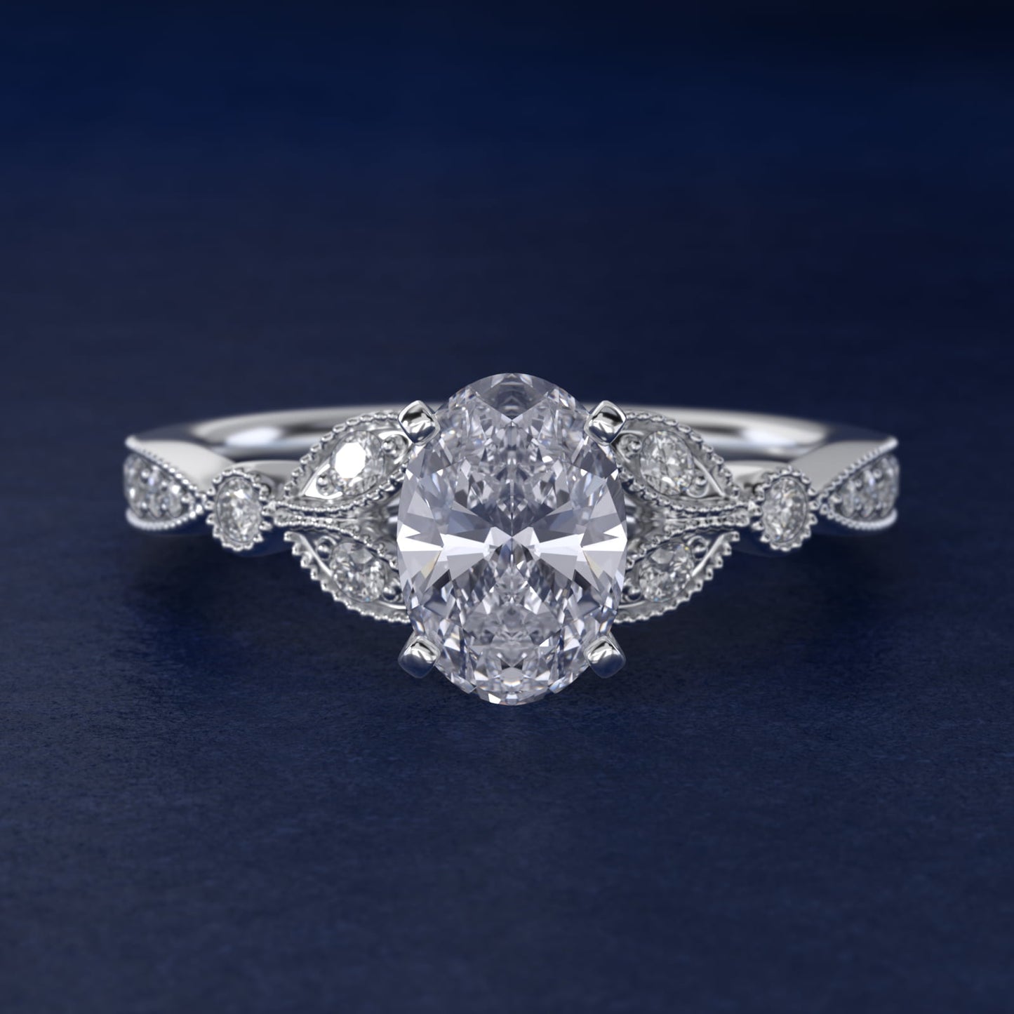 Petite Vintage PavŽ Leaf Diamond Engagement Ring in Platinum (1/5 ct. tw.) - Oval Center