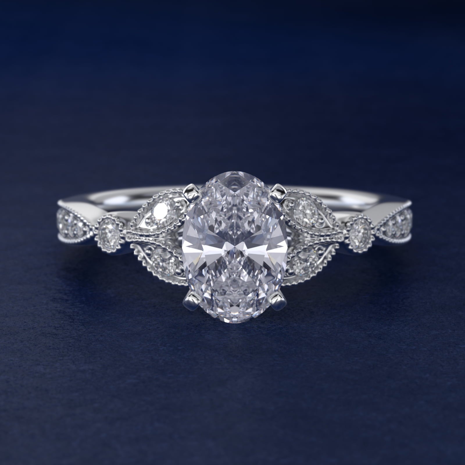 Petite Vintage PavŽ Leaf Diamond Engagement Ring in Platinum (1/5 ct. tw.) - Oval Center