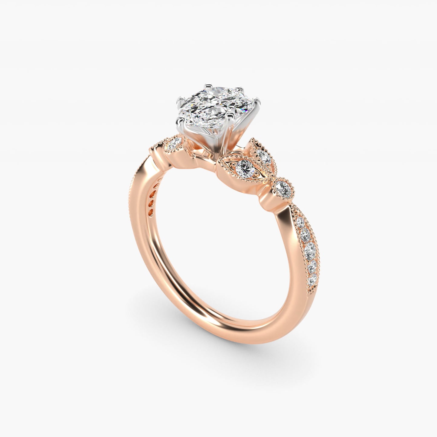 Petite Vintage PavŽ Leaf Diamond Engagement Ring in 14k Rose Gold (1/5 ct. tw.) - Pear Center