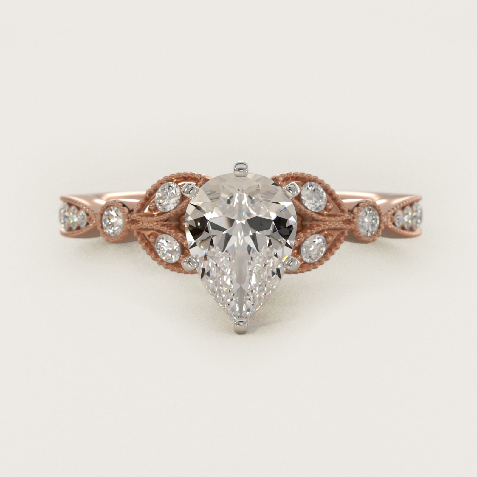 Petite Vintage PavŽ Leaf Diamond Engagement Ring in 14k Rose Gold (1/5 ct. tw.) - Pear Center