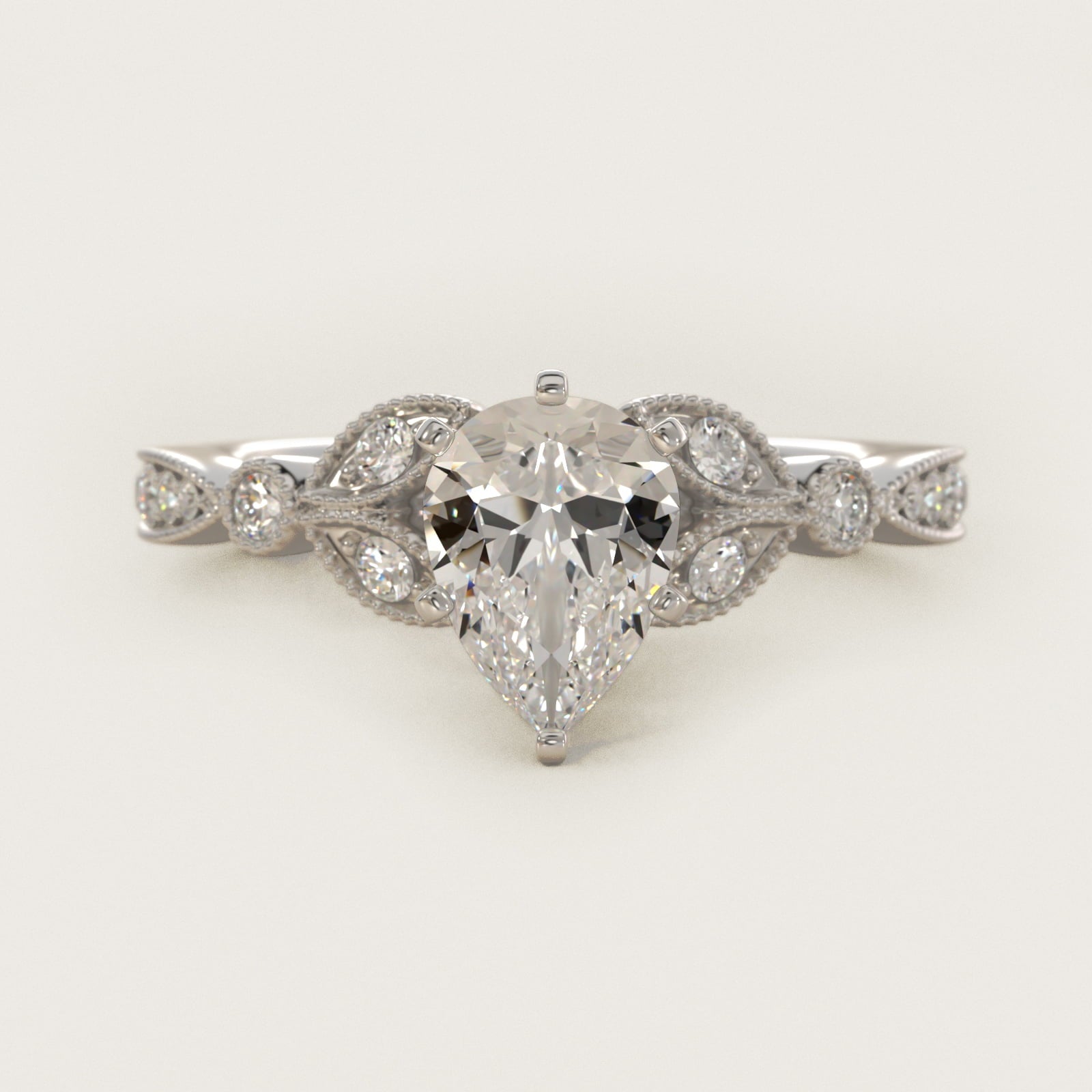 Petite Vintage PavŽ Leaf Diamond Engagement Ring in 18k White Gold (1/5 ct. tw.) - Pear Center