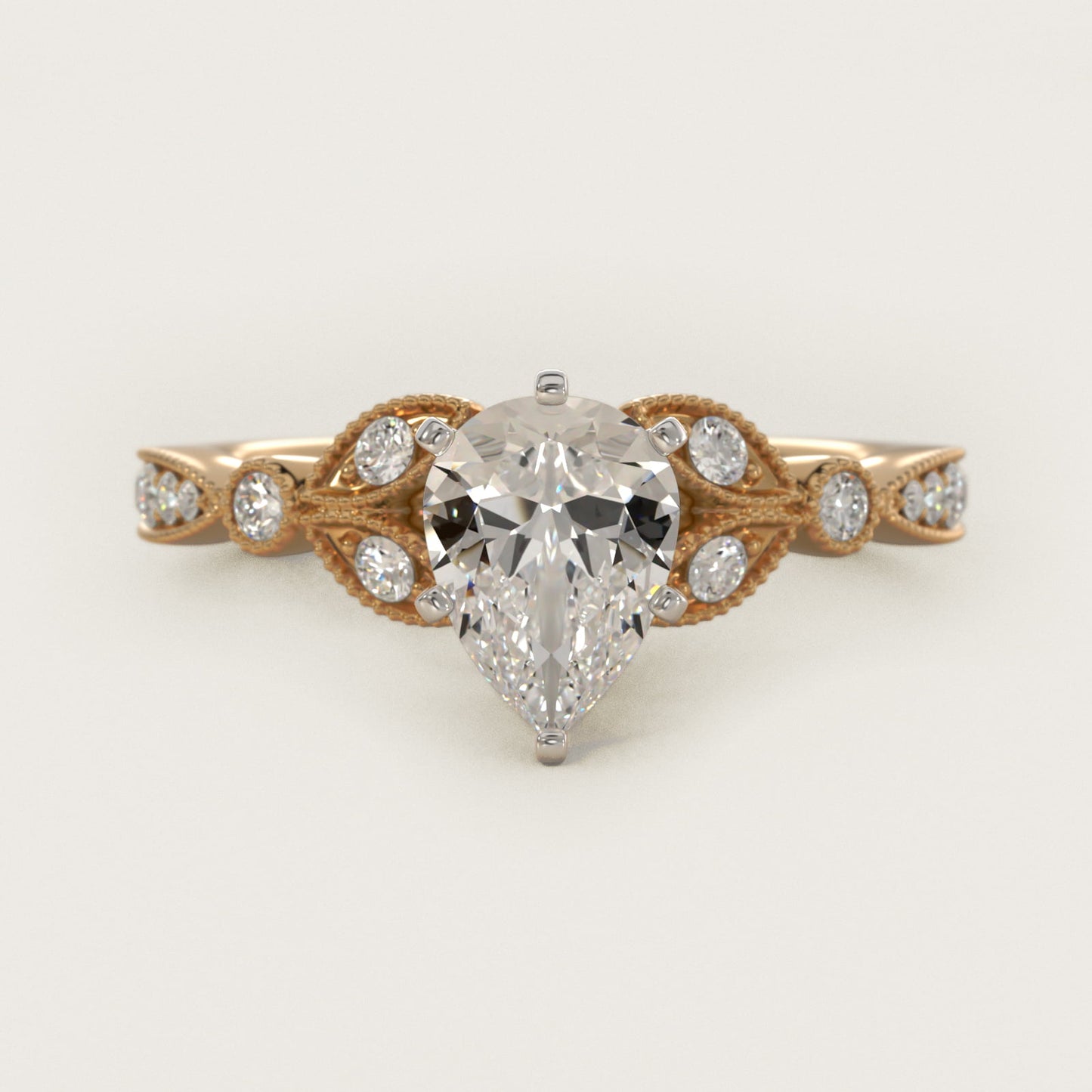 Petite Vintage PavŽ Leaf Diamond Engagement Ring in 18k Yellow Gold (1/5 ct. tw.) - Pear Center