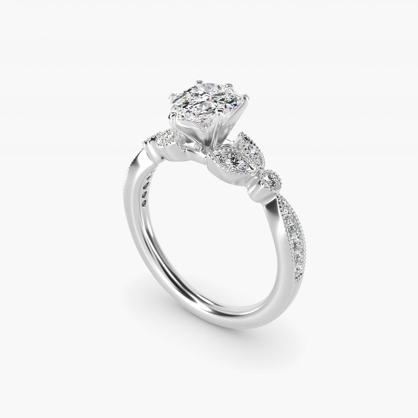 Petite Vintage PavŽ Leaf Diamond Engagement Ring in Platinum (1/5 ct. tw.) - Pear Center