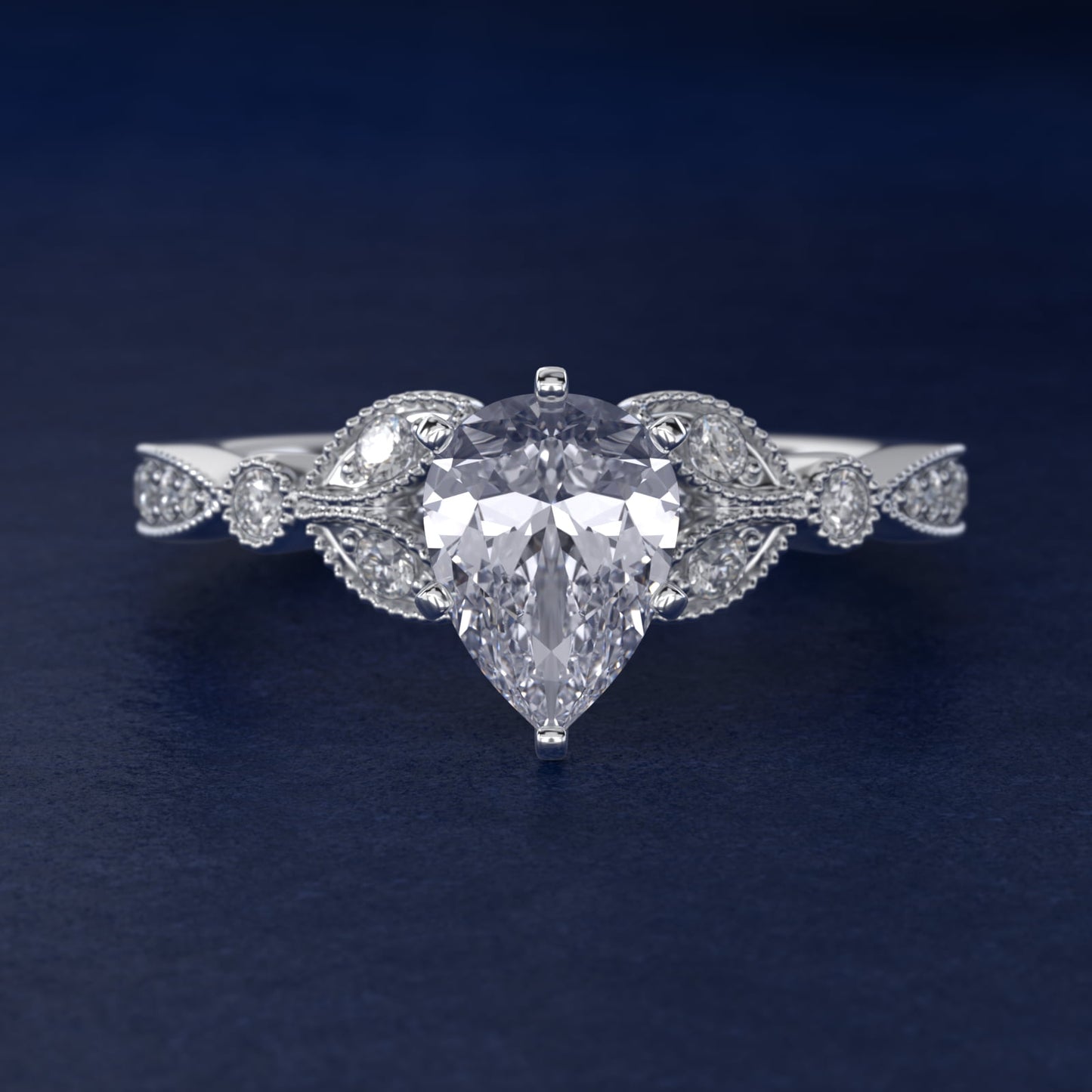 Petite Vintage PavŽ Leaf Diamond Engagement Ring in Platinum (1/5 ct. tw.) - Pear Center