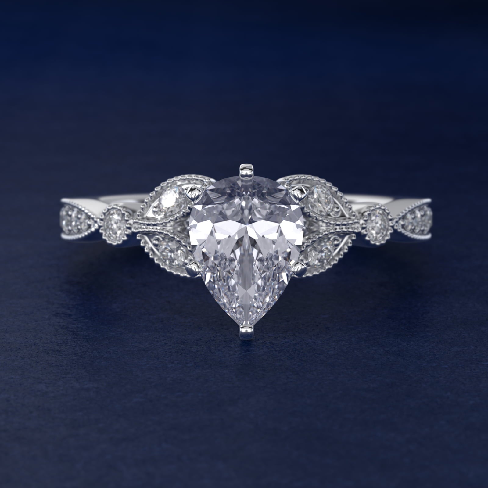 Petite Vintage PavŽ Leaf Diamond Engagement Ring in Platinum (1/5 ct. tw.) - Pear Center