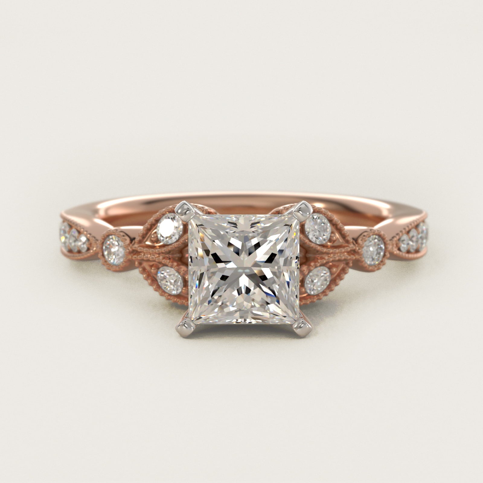 Petite Vintage PavŽ Leaf Diamond Engagement Ring in 14k Rose Gold (1/5 ct. tw.) - Princess Center