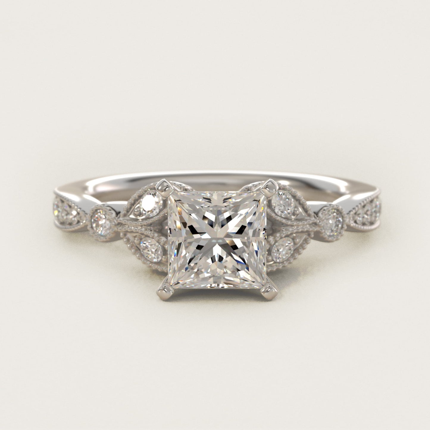 Petite Vintage PavŽ Leaf Diamond Engagement Ring in 14k White Gold (1/5 ct. tw.) - Princess Center