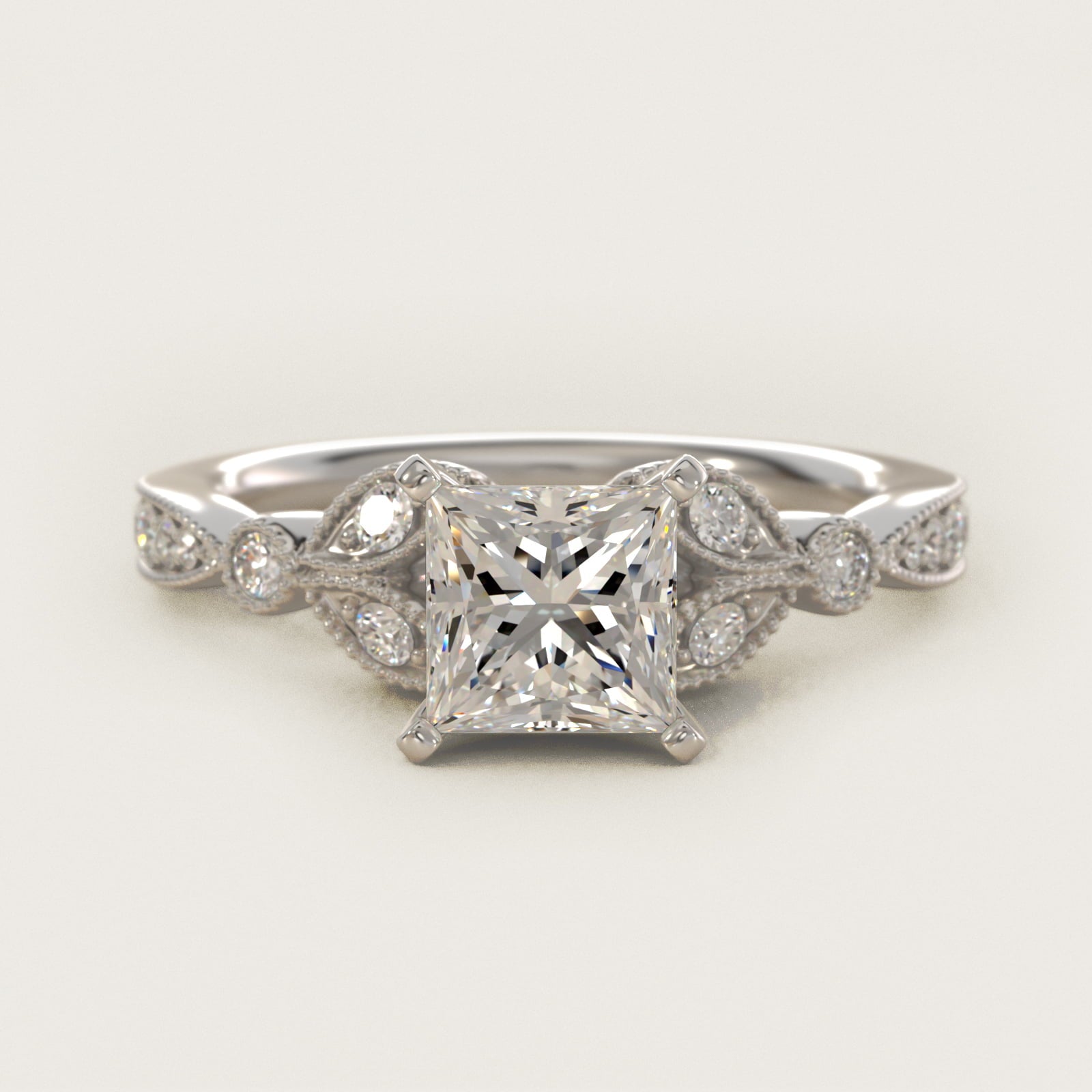 Petite Vintage PavŽ Leaf Diamond Engagement Ring in 14k White Gold (1/5 ct. tw.) - Princess Center
