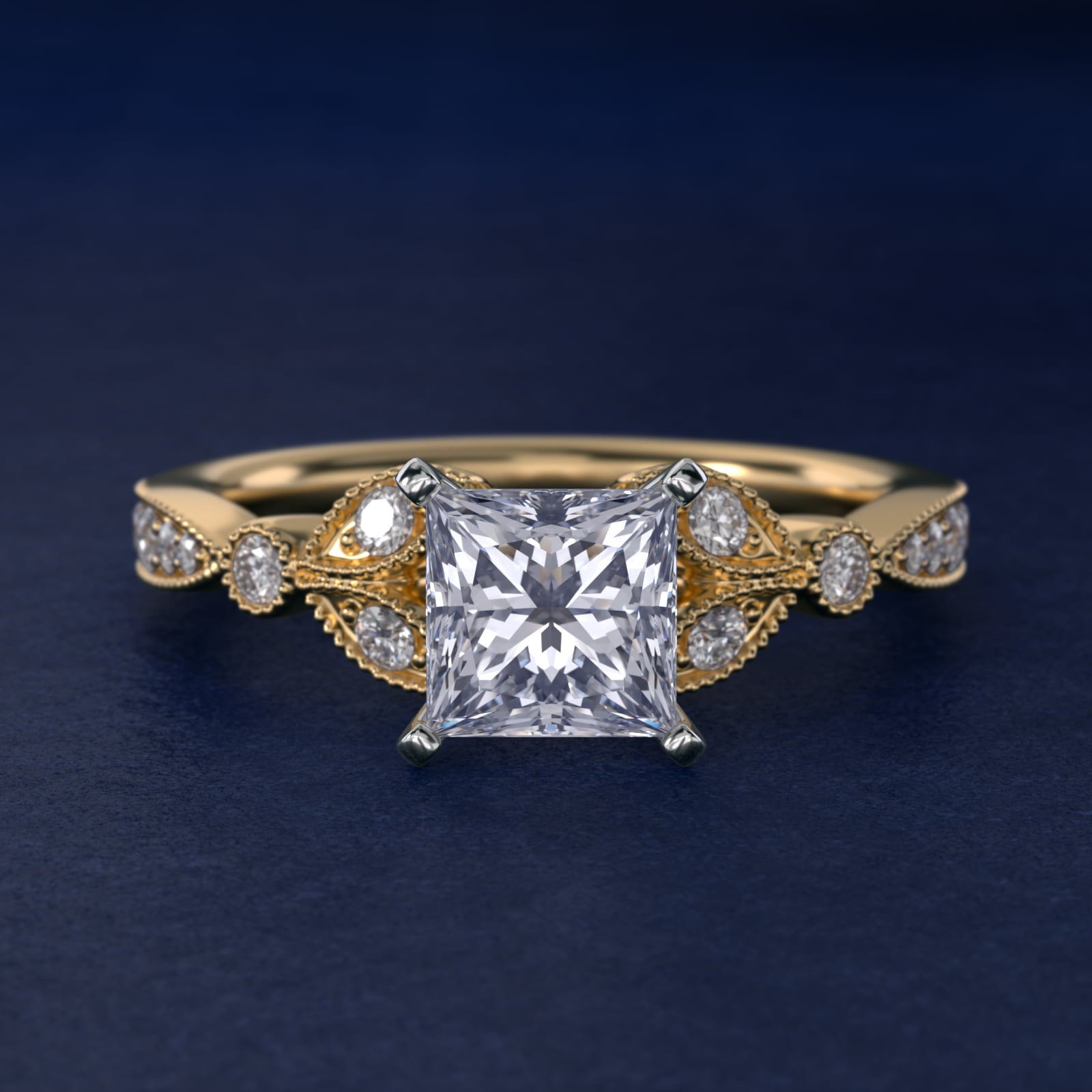 Petite Vintage PavŽ Leaf Diamond Engagement Ring in 14K Yellow Gold (1/5 ct. tw.) - Princess Center