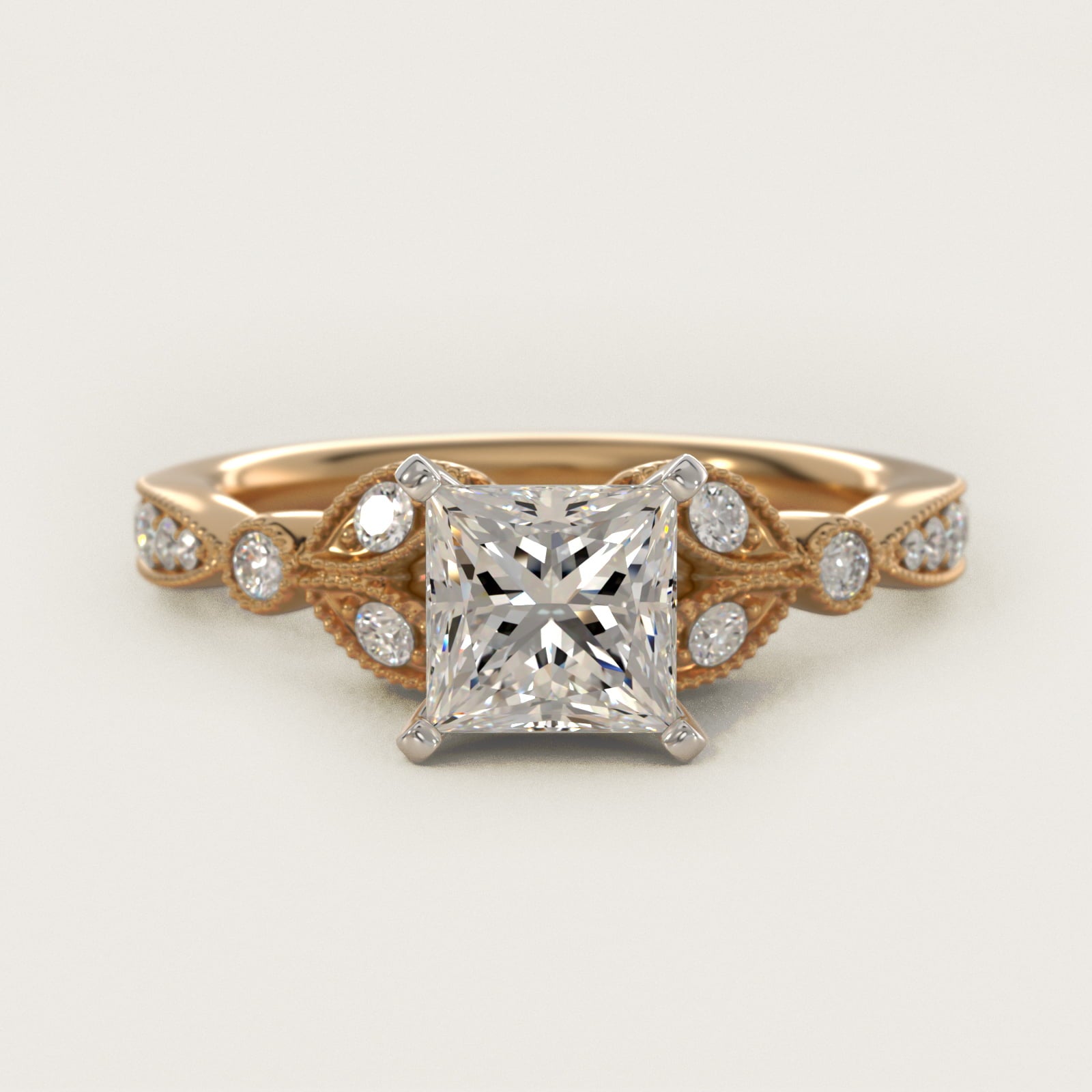 Petite Vintage PavŽ Leaf Diamond Engagement Ring in 14K Yellow Gold (1/5 ct. tw.) - Princess Center