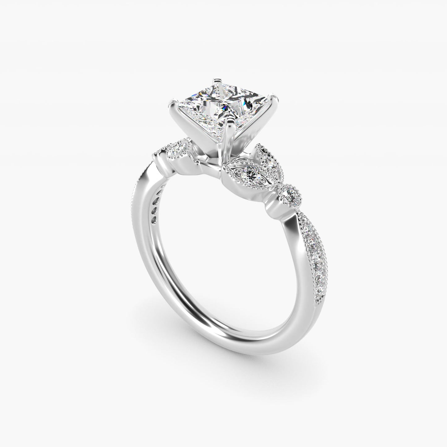 Petite Vintage PavŽ Leaf Diamond Engagement Ring in Platinum (1/5 ct. tw.) - Princess Center