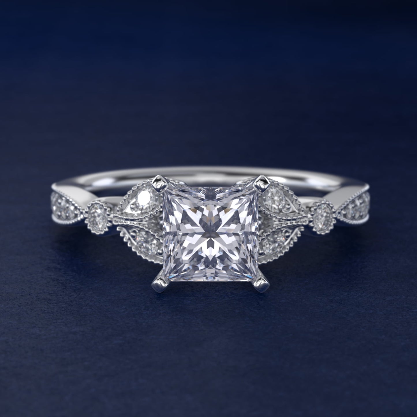 Petite Vintage PavŽ Leaf Diamond Engagement Ring in Platinum (1/5 ct. tw.) - Princess Center