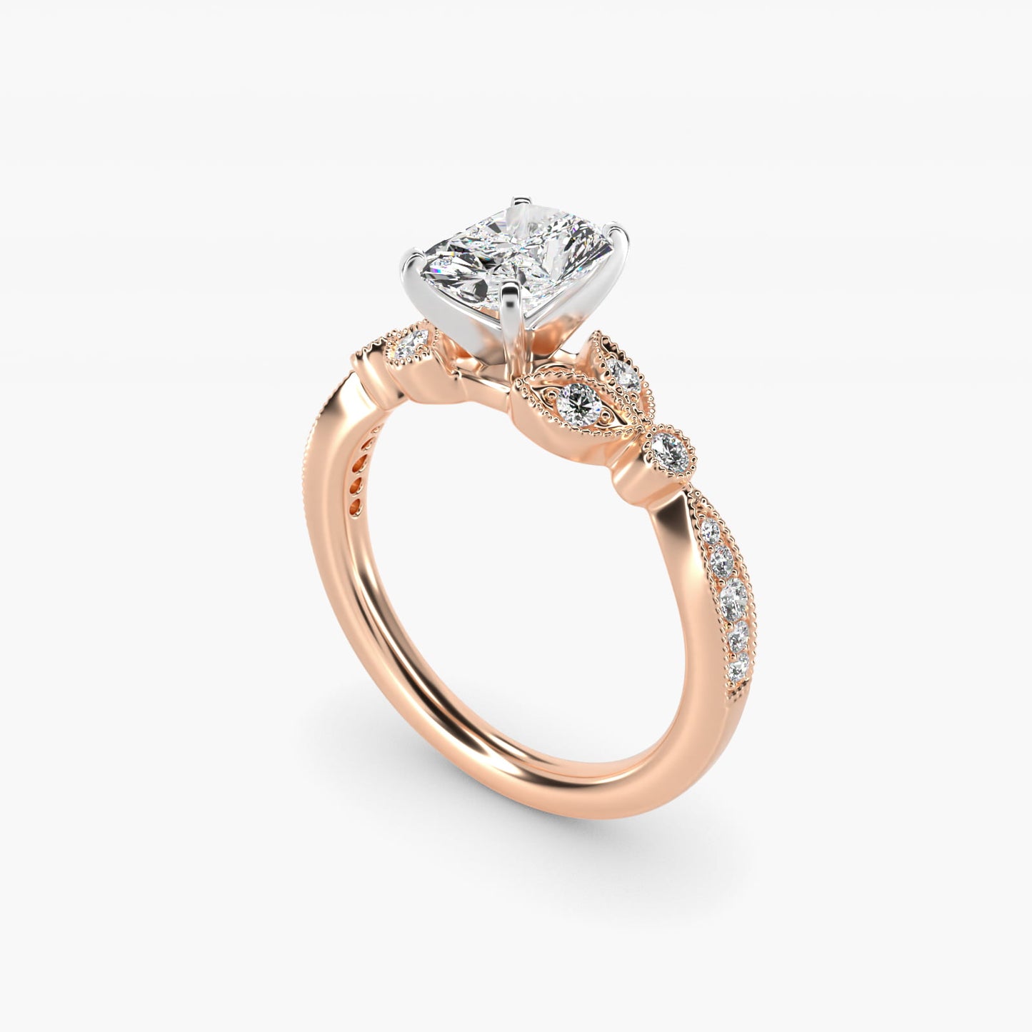 Petite Vintage PavŽ Leaf Diamond Engagement Ring in 18k Rose Gold (1/5 ct. tw.) - Radiant Center