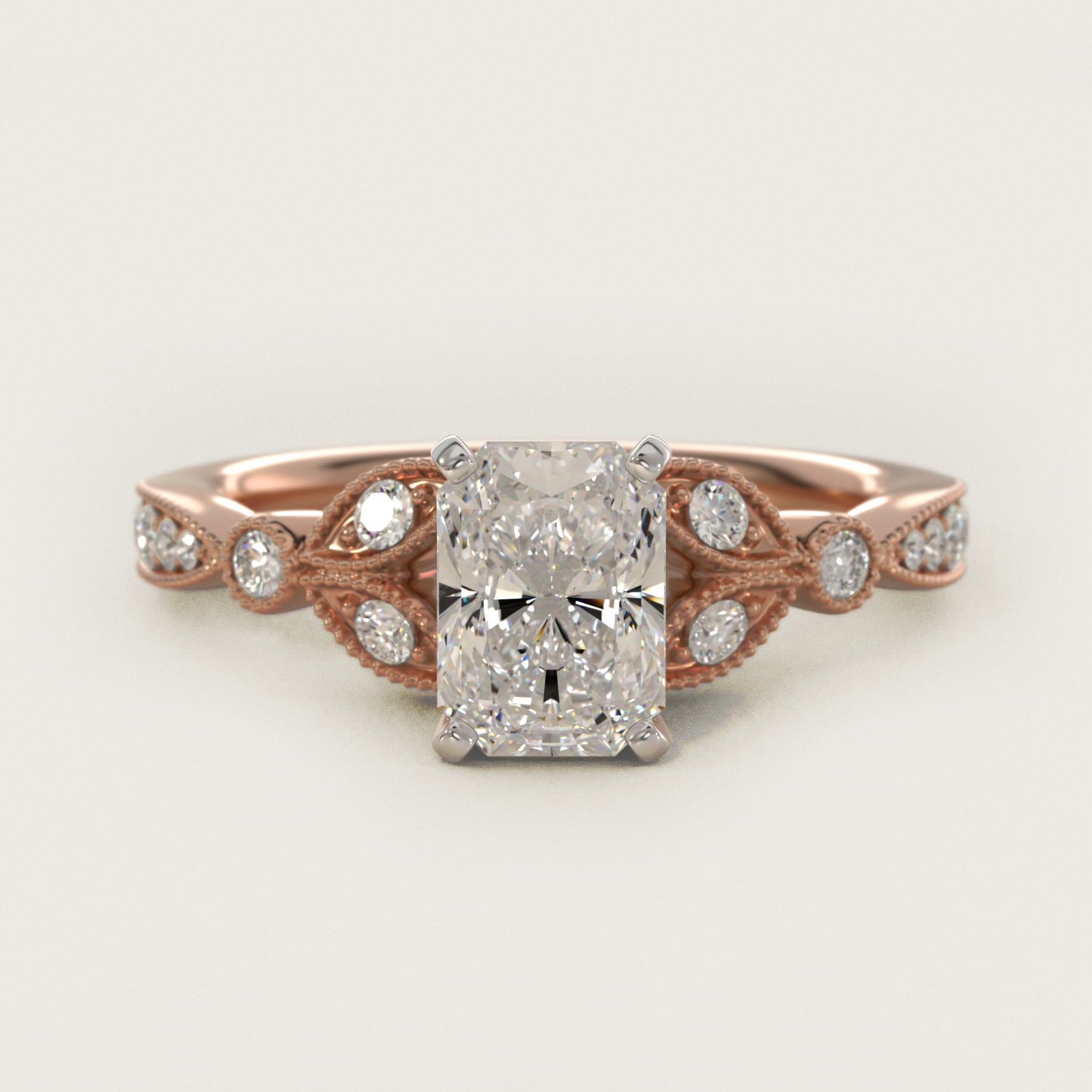 Petite Vintage PavŽ Leaf Diamond Engagement Ring in 14k Rose Gold (1/5 ct. tw.) - Radiant Center