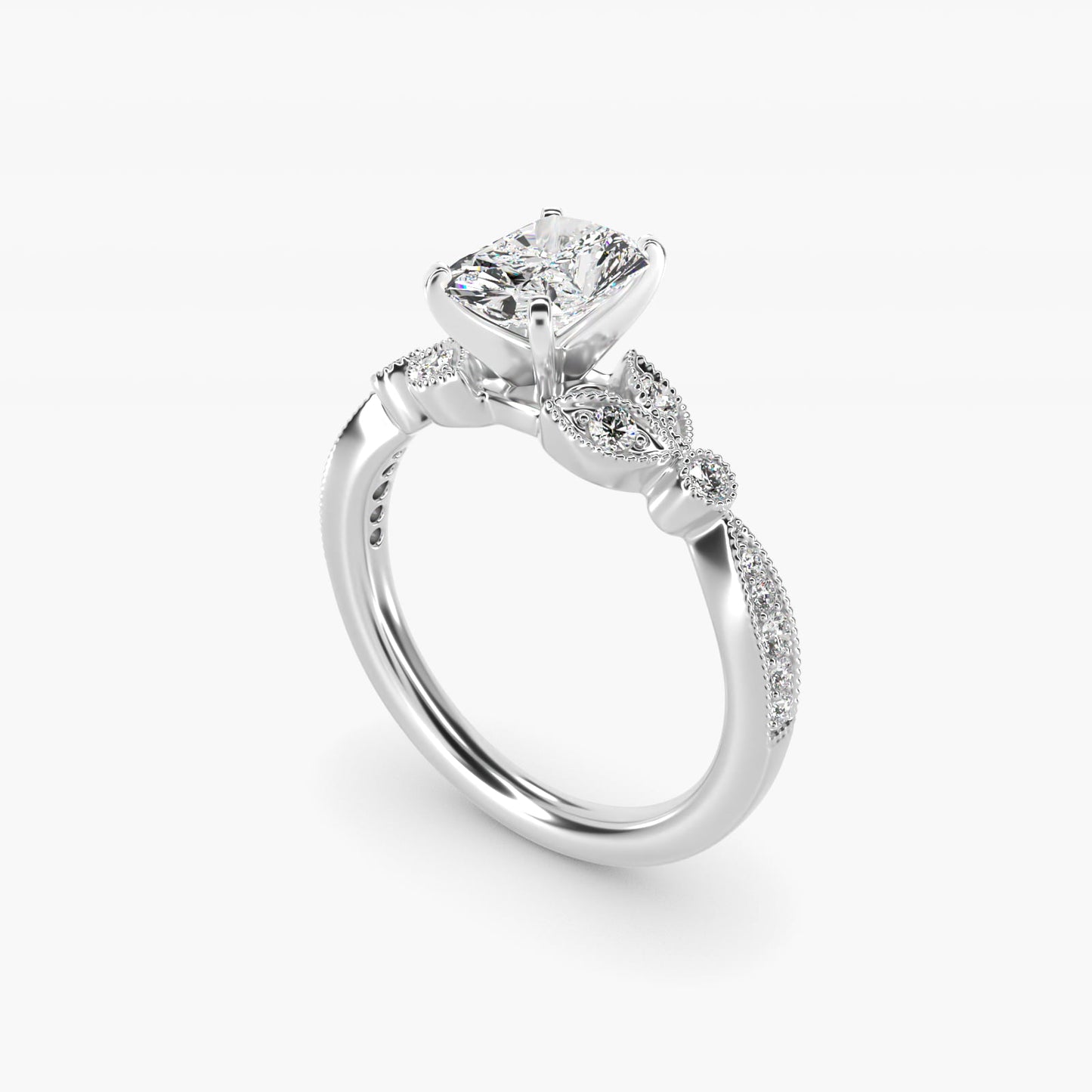 Petite Vintage PavŽ Leaf Diamond Engagement Ring in 14k White Gold (1/5 ct. tw.) - Radiant Center