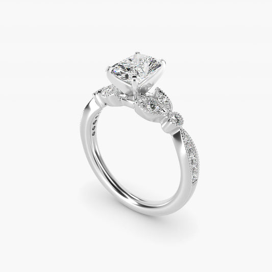 Petite Vintage PavŽ Leaf Diamond Engagement Ring in 18k White Gold (1/5 ct. tw.) - Radiant Center