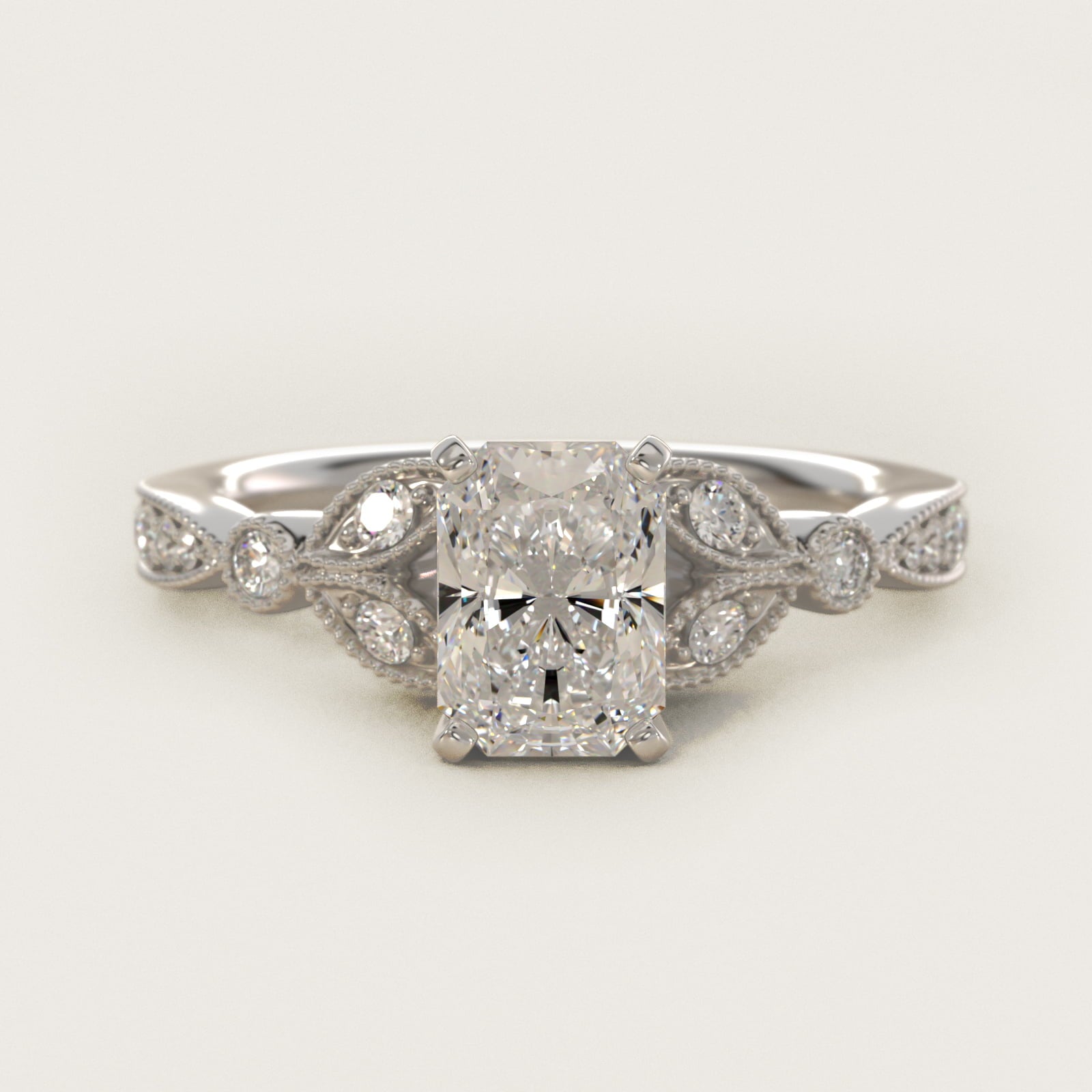 Petite Vintage PavŽ Leaf Diamond Engagement Ring in 14k White Gold (1/5 ct. tw.) - Radiant Center