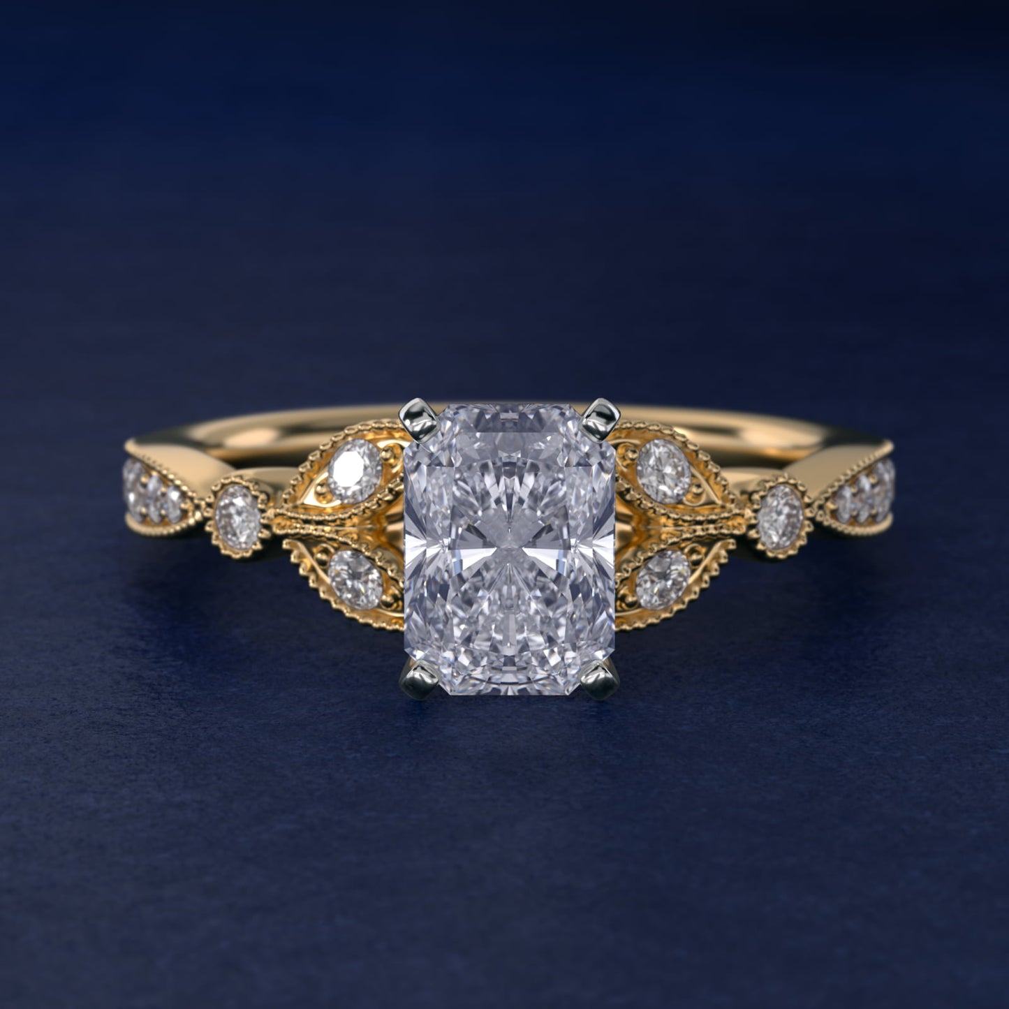 Petite Vintage PavŽ Leaf Diamond Engagement Ring in 14K Yellow Gold (1/5 ct. tw.) - Radiant Center