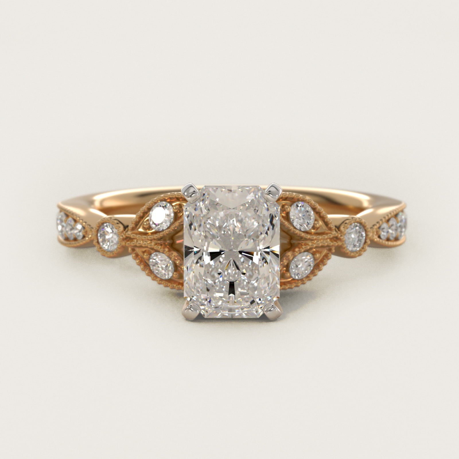Petite Vintage PavŽ Leaf Diamond Engagement Ring in 14K Yellow Gold (1/5 ct. tw.) - Radiant Center