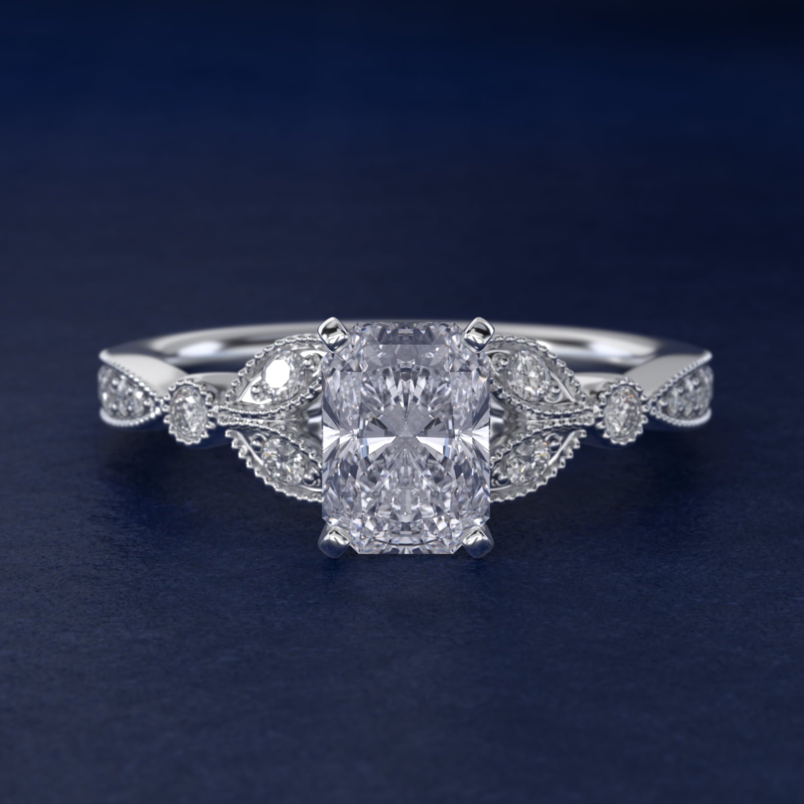 Petite Vintage PavŽ Leaf Diamond Engagement Ring in Platinum (1/5 ct. tw.) - Radiant Center
