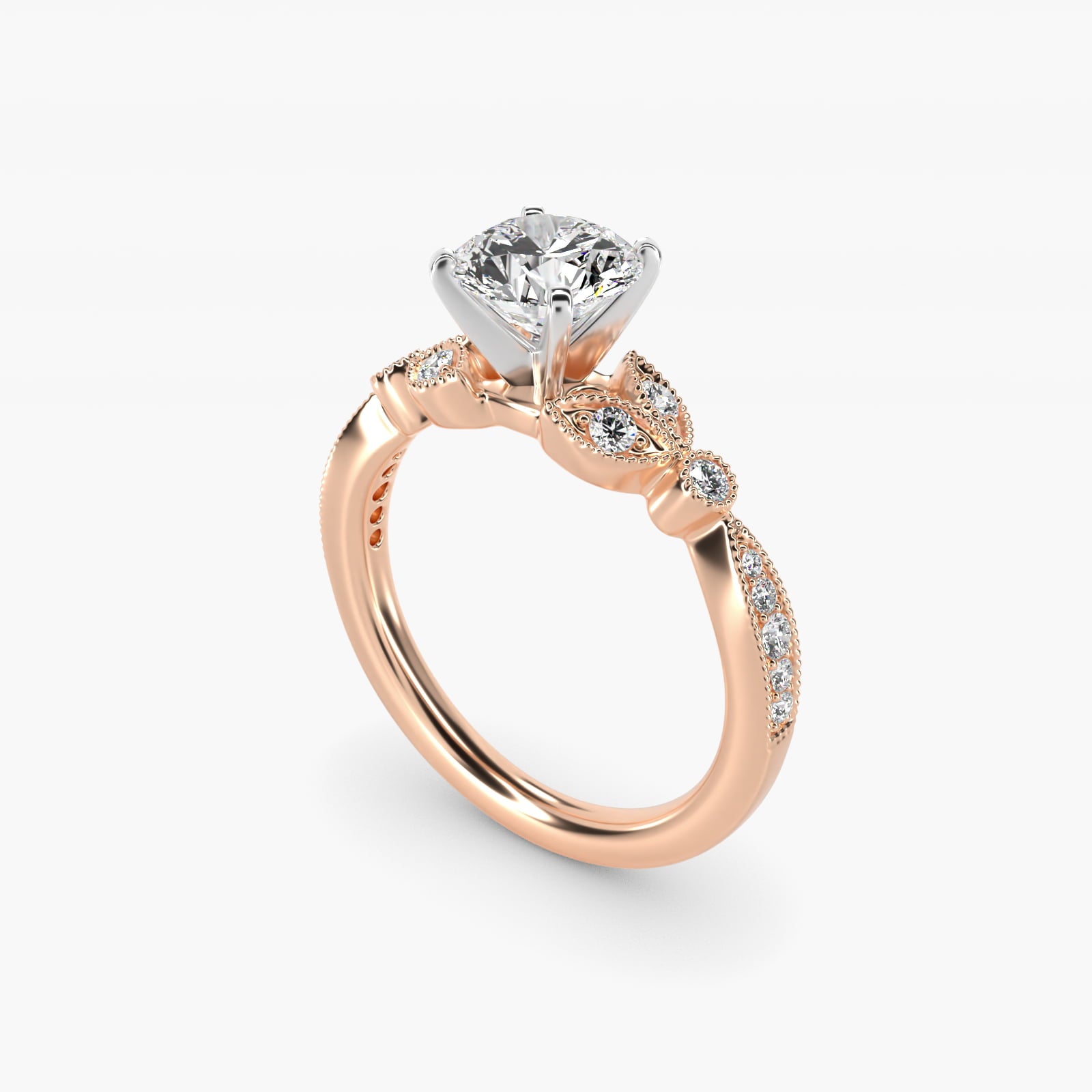 Petite Vintage PavŽ Leaf Diamond Engagement Ring in 14k Rose Gold (1/5 ct. tw.) - Round Center