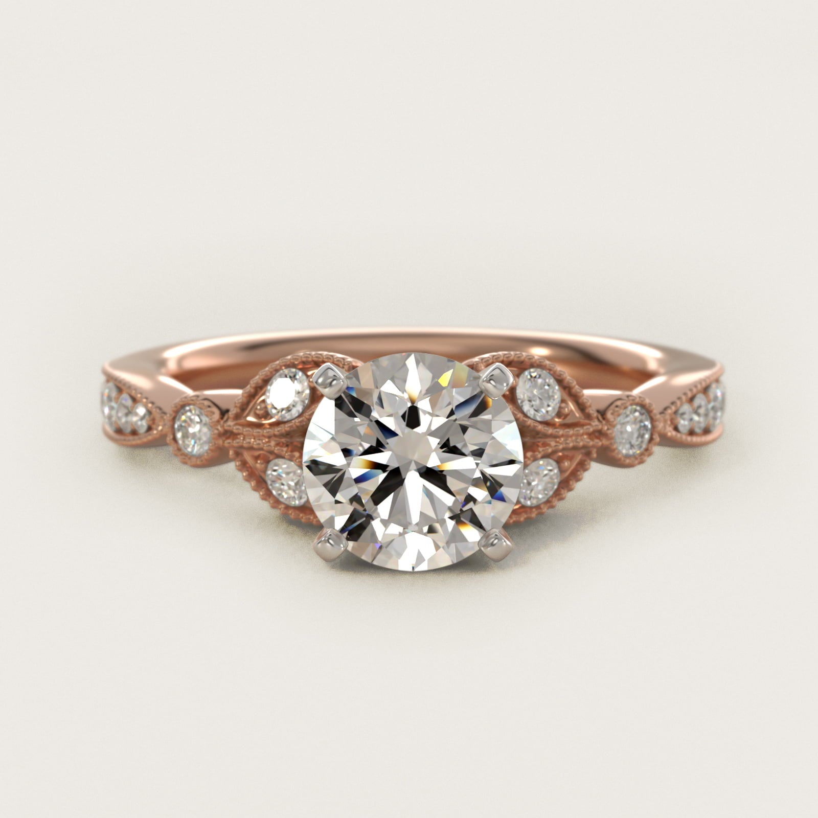 Petite Vintage PavŽ Leaf Diamond Engagement Ring in 14k Rose Gold (1/5 ct. tw.) - Round Center