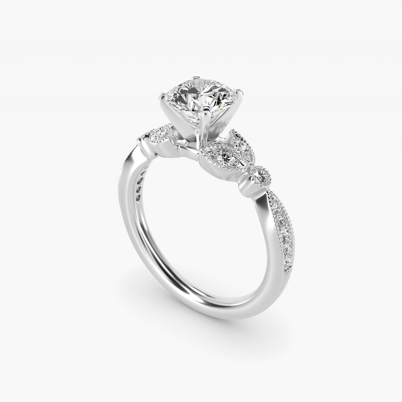 Petite Vintage PavŽ Leaf Diamond Engagement Ring in 14k White Gold (1/5 ct. tw.) - Round Center