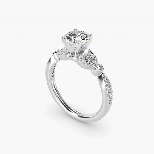 Petite Vintage PavŽ Leaf Diamond Engagement Ring in 18k White Gold (1/5 ct. tw.) - Round Center