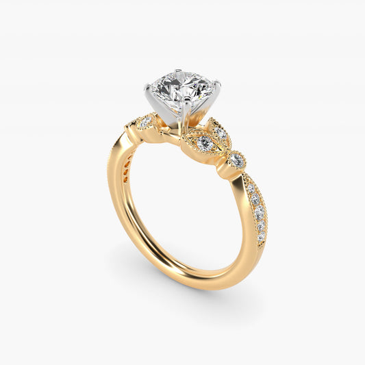 Petite Vintage PavŽ Leaf Diamond Engagement Ring in 14K Yellow Gold (1/5 ct. tw.) - Round Center