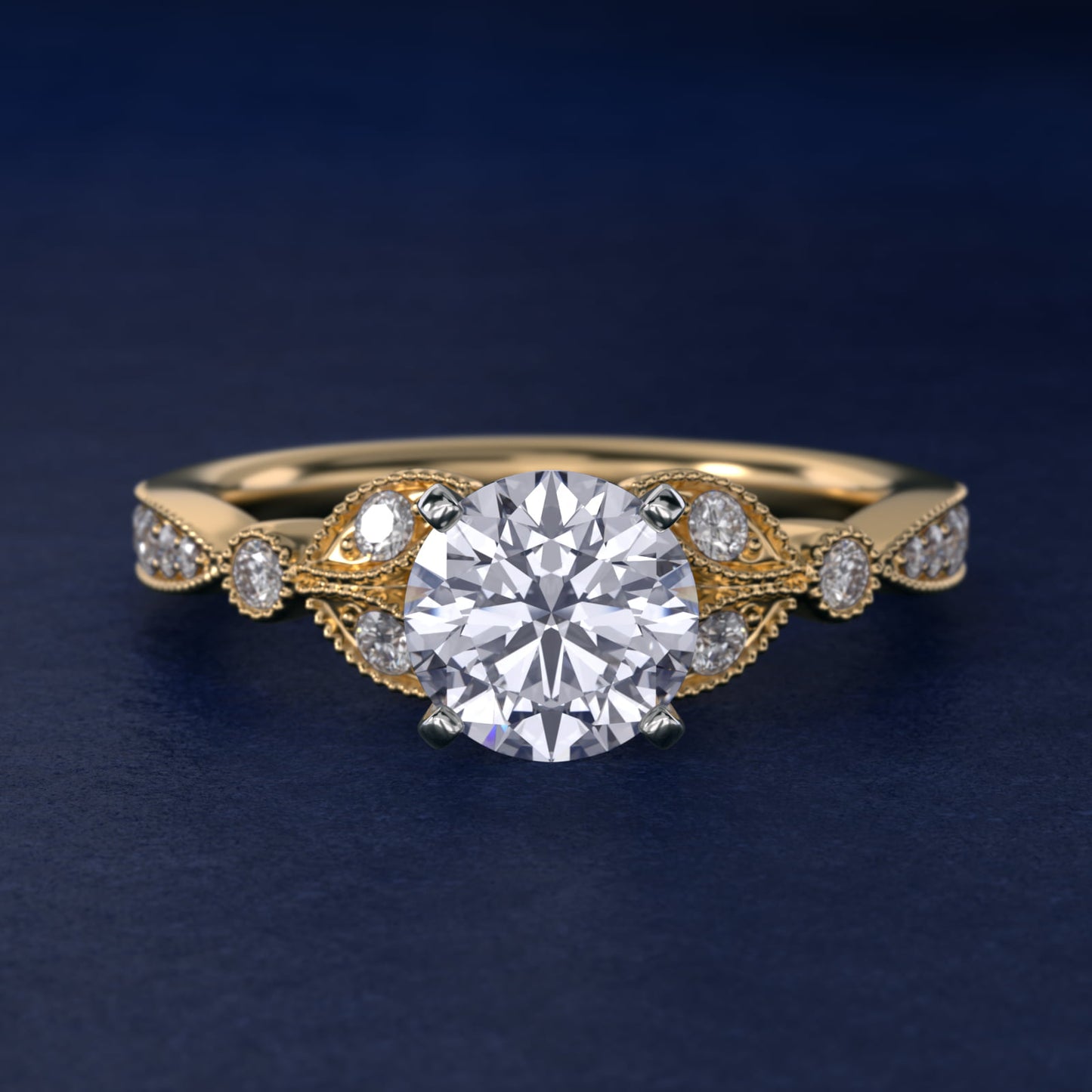 Petite Vintage PavŽ Leaf Diamond Engagement Ring in 14K Yellow Gold (1/5 ct. tw.) - Round Center