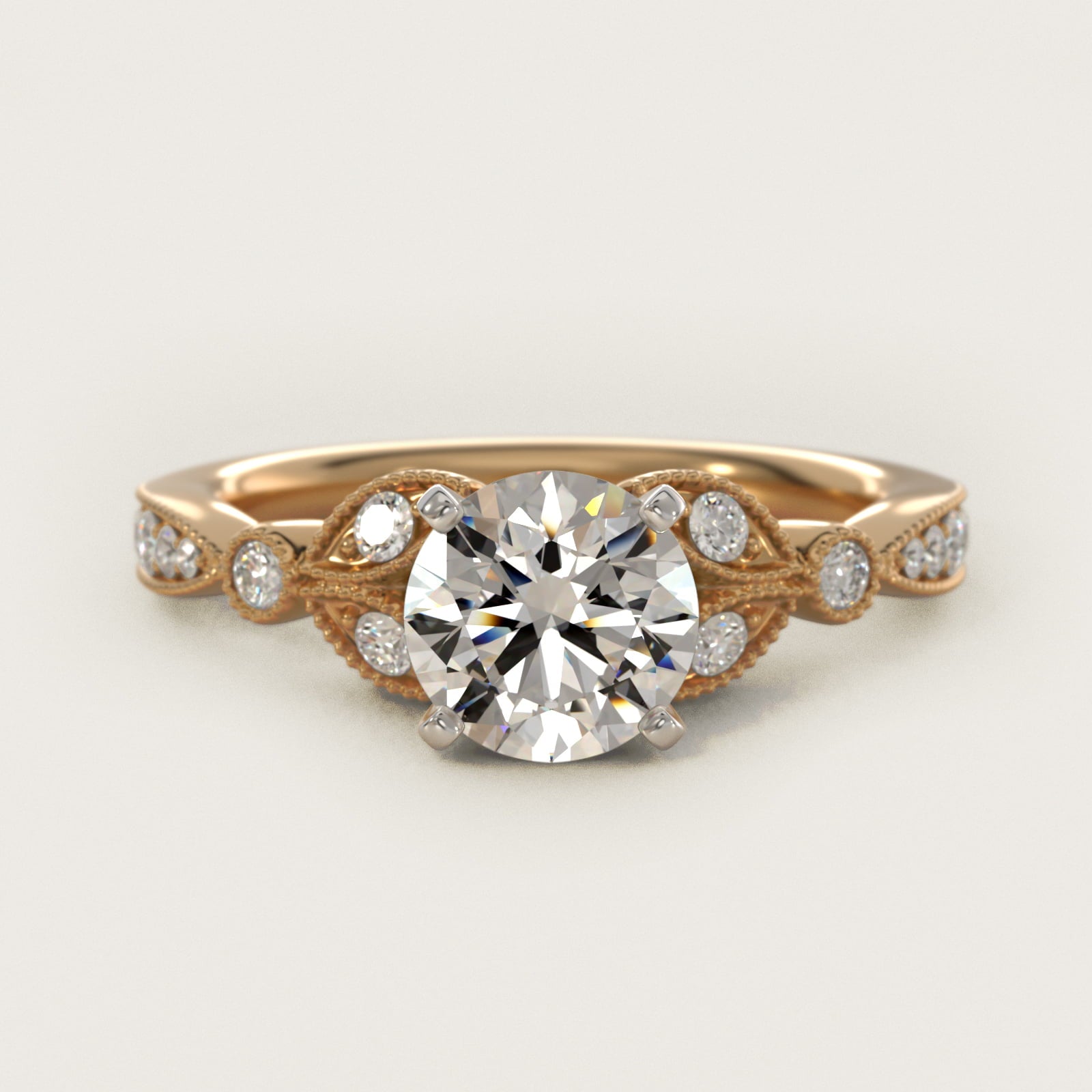 Petite Vintage PavŽ Leaf Diamond Engagement Ring in 14K Yellow Gold (1/5 ct. tw.) - Round Center