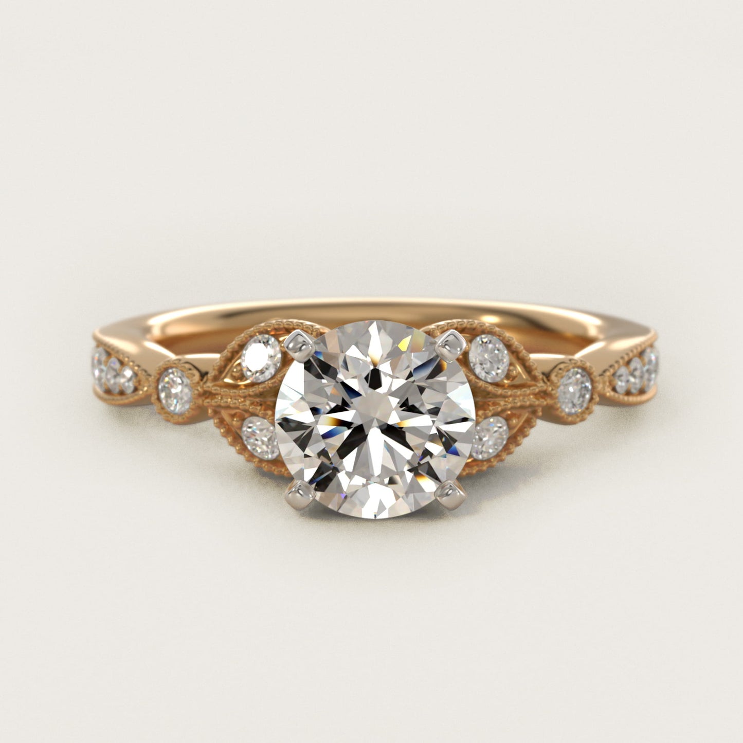 Petite Vintage PavŽ Leaf Diamond Engagement Ring in 18k Yellow Gold (1/5 ct. tw.) - Round Center