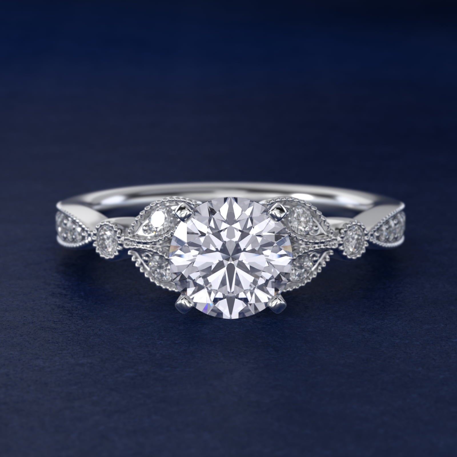 Petite Vintage PavŽ Leaf Diamond Engagement Ring in Platinum (1/5 ct. tw.) - Round Center