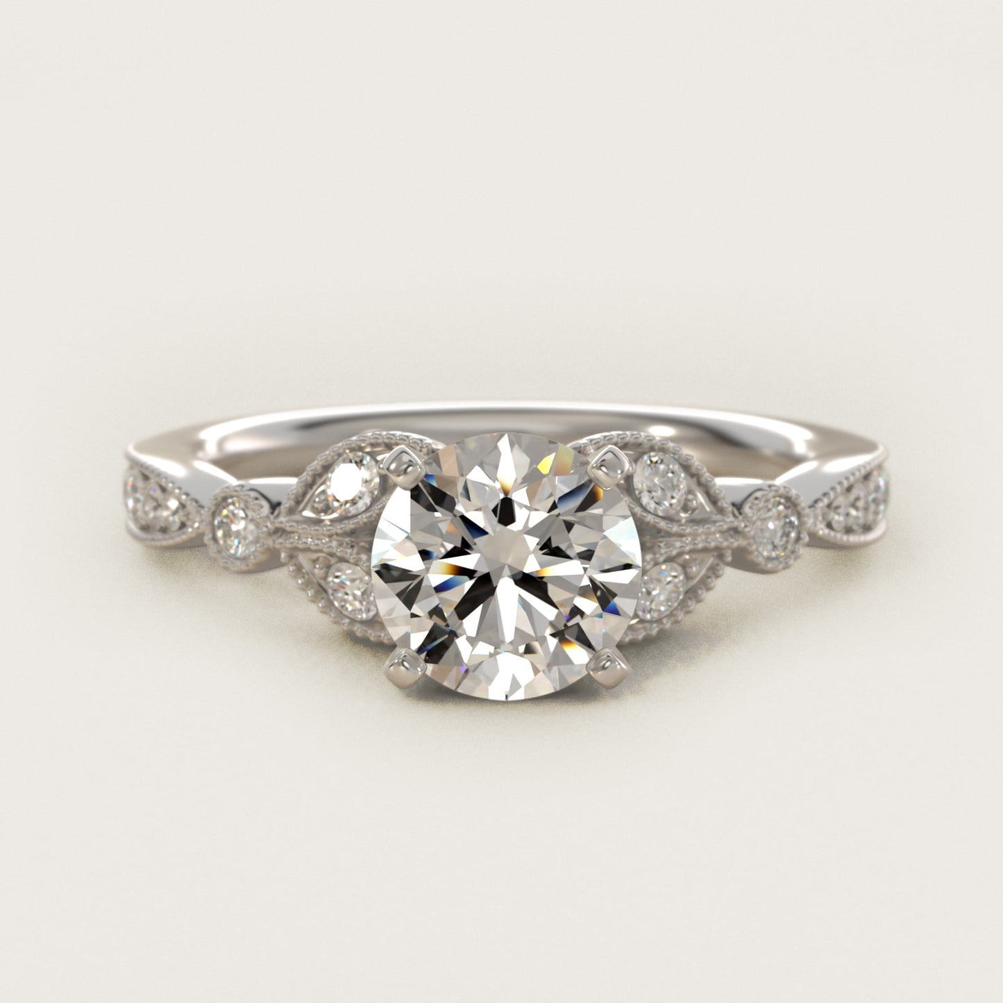 Petite Vintage PavŽ Leaf Diamond Engagement Ring in Platinum (1/5 ct. tw.) - Round Center