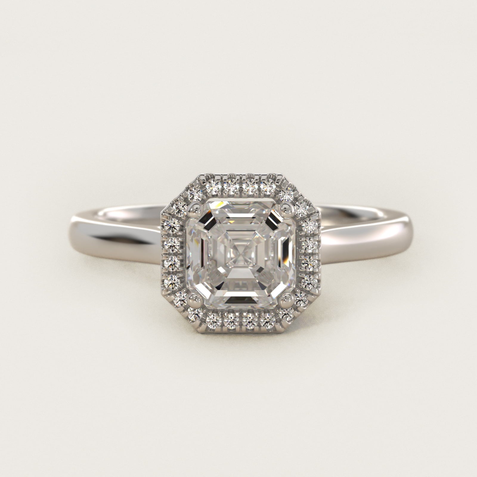 Plain Shank Floating Halo Engagement Ring in 14k White Gold - Asscher Center