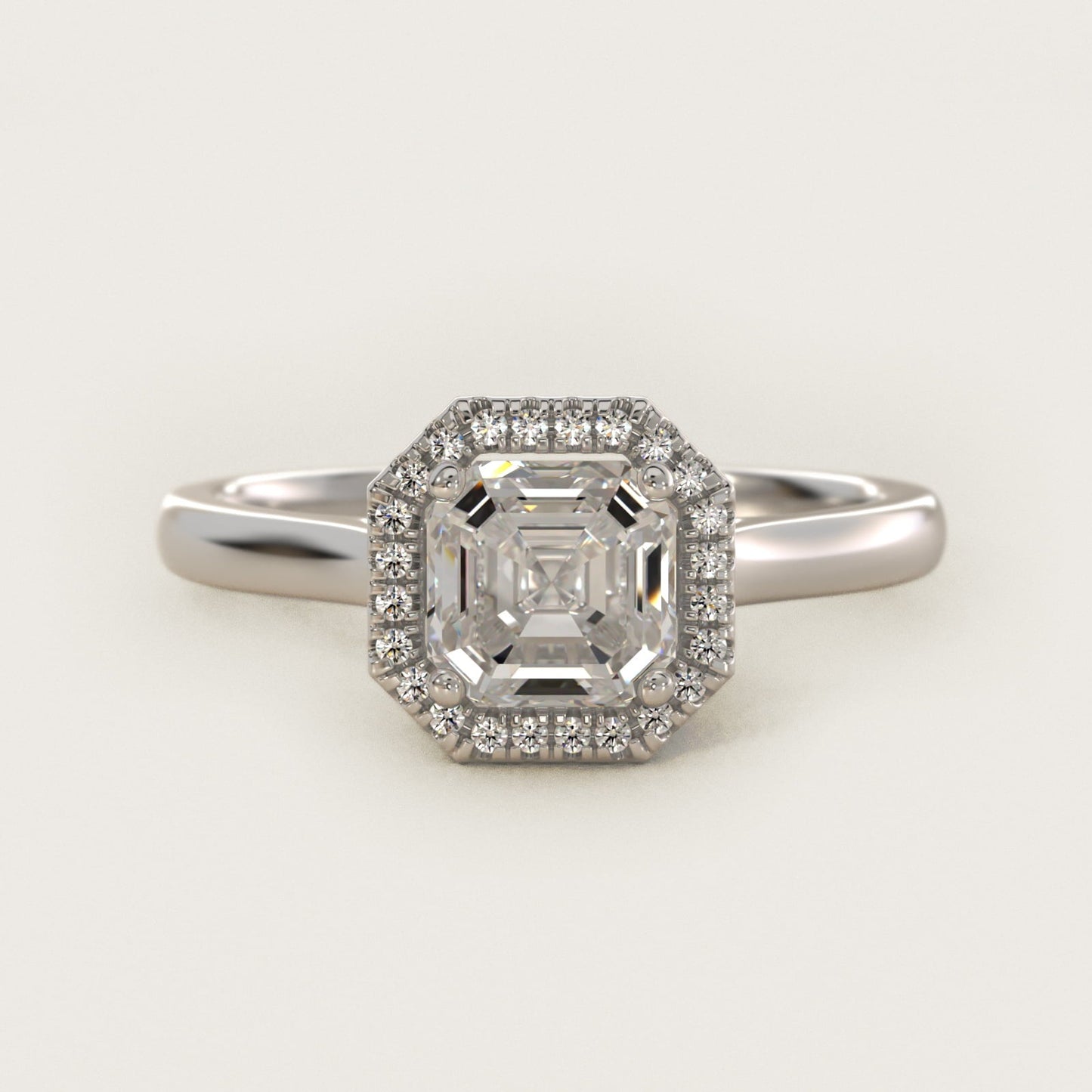 Plain Shank Floating Halo Engagement Ring in 18k White Gold - Asscher Center