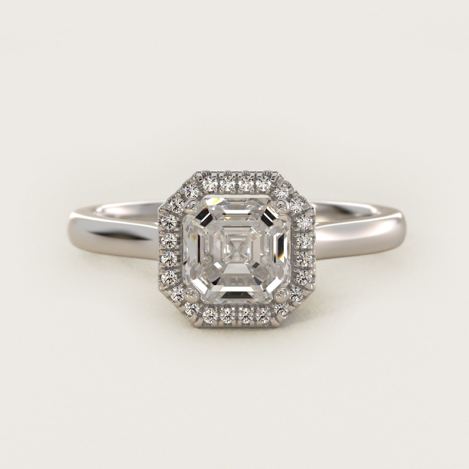 Plain Shank Floating Halo Engagement Ring in 18k White Gold - Asscher Center