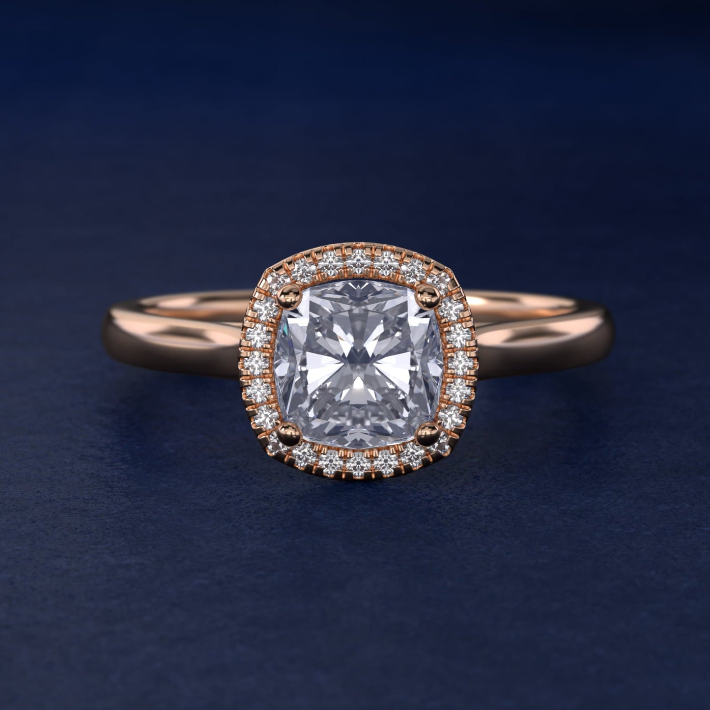 Plain Shank Floating Halo Engagement Ring in 18k Rose Gold - Cushion Center