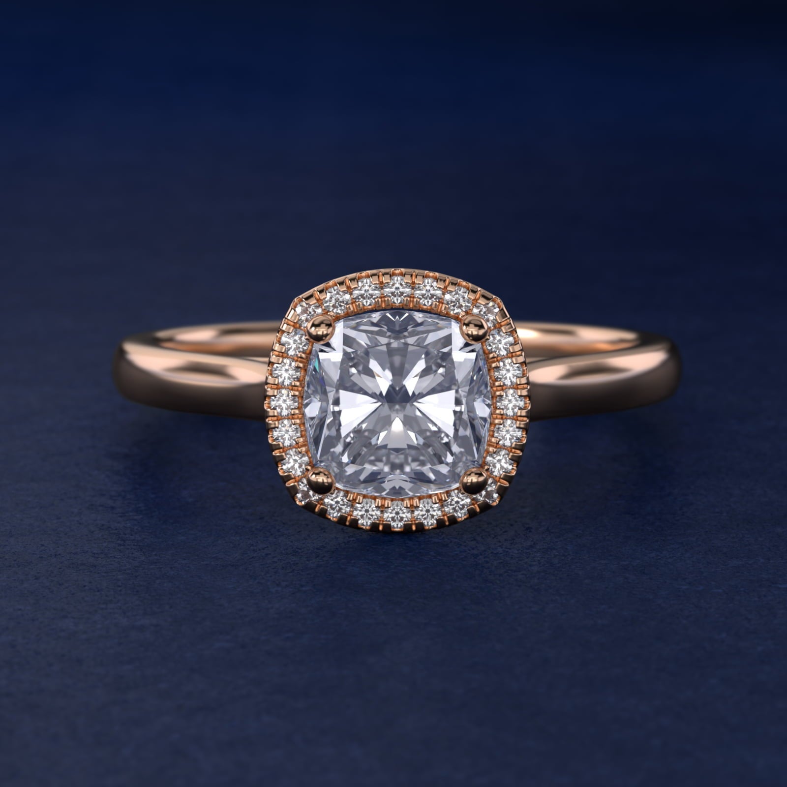 Plain Shank Floating Halo Engagement Ring in 18k Rose Gold - Cushion Center