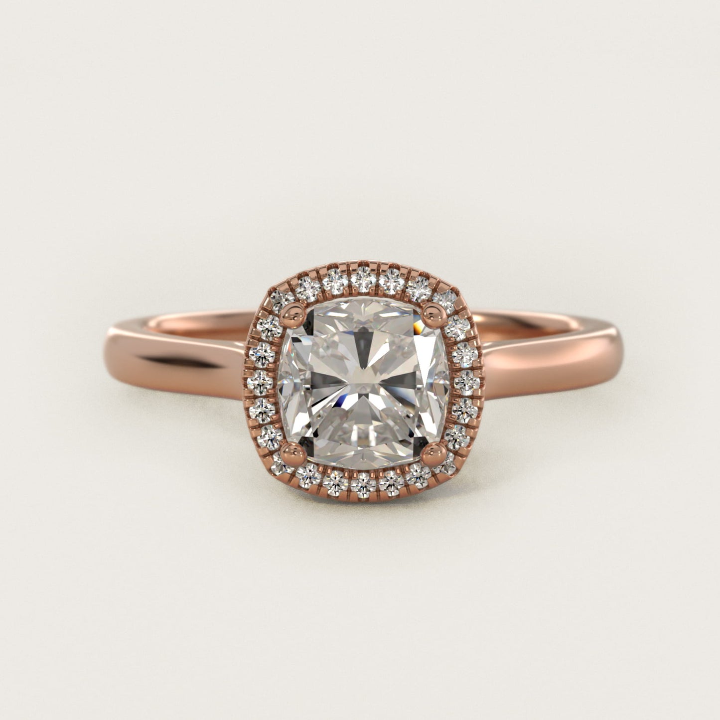 Plain Shank Floating Halo Engagement Ring in 14k Rose Gold - Cushion Center