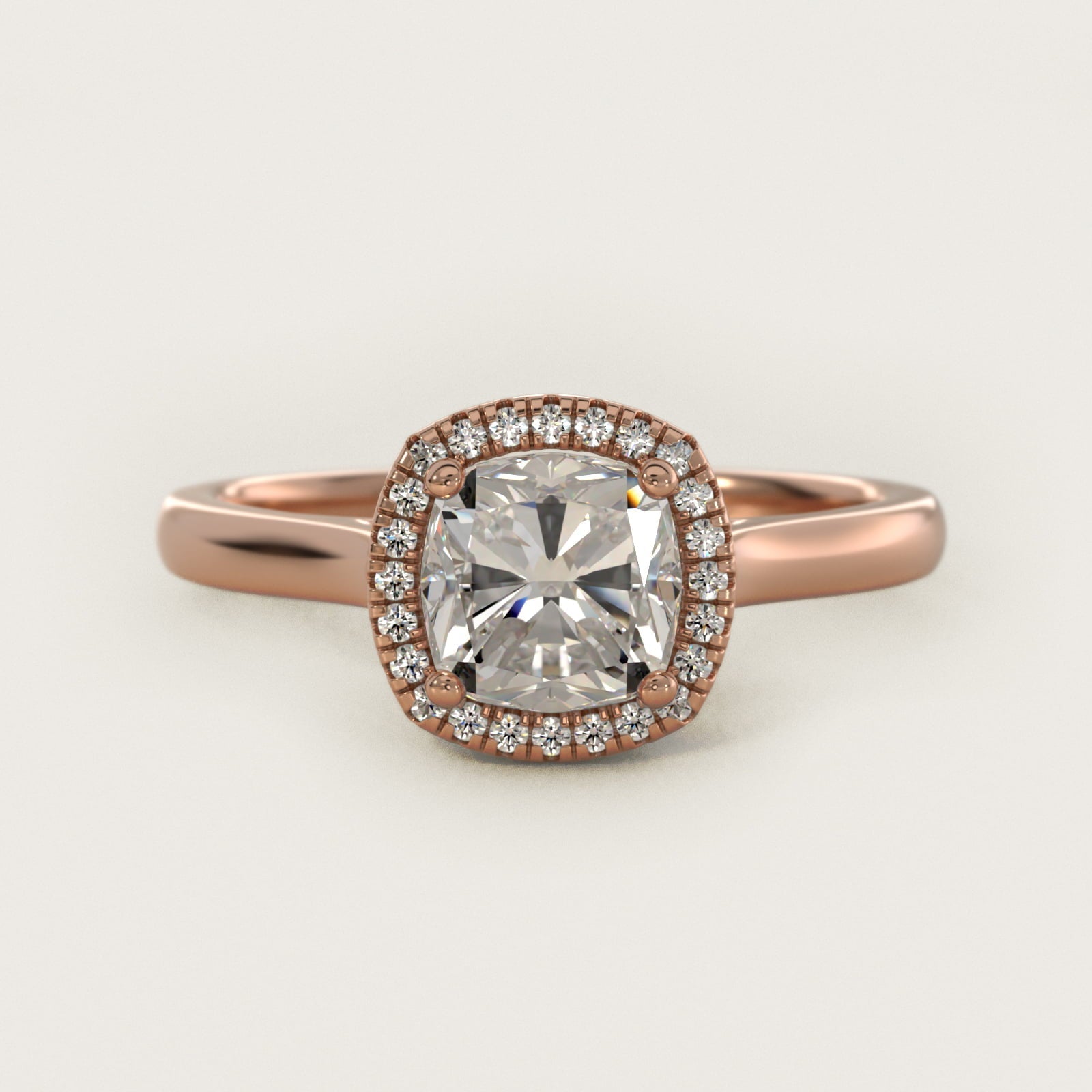 Plain Shank Floating Halo Engagement Ring in 18k Rose Gold - Cushion Center