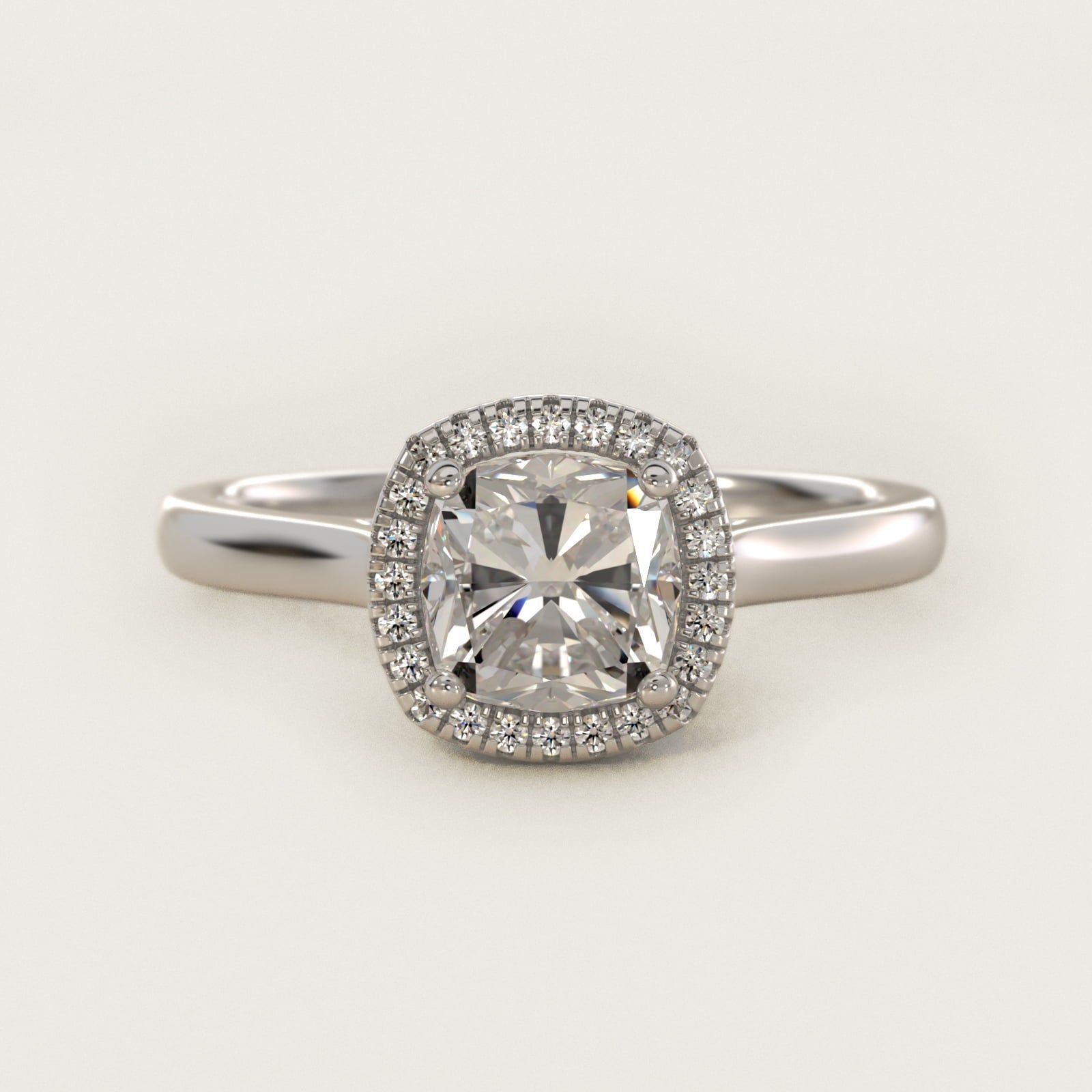 Plain Shank Floating Halo Engagement Ring in Platinum - Cushion Center