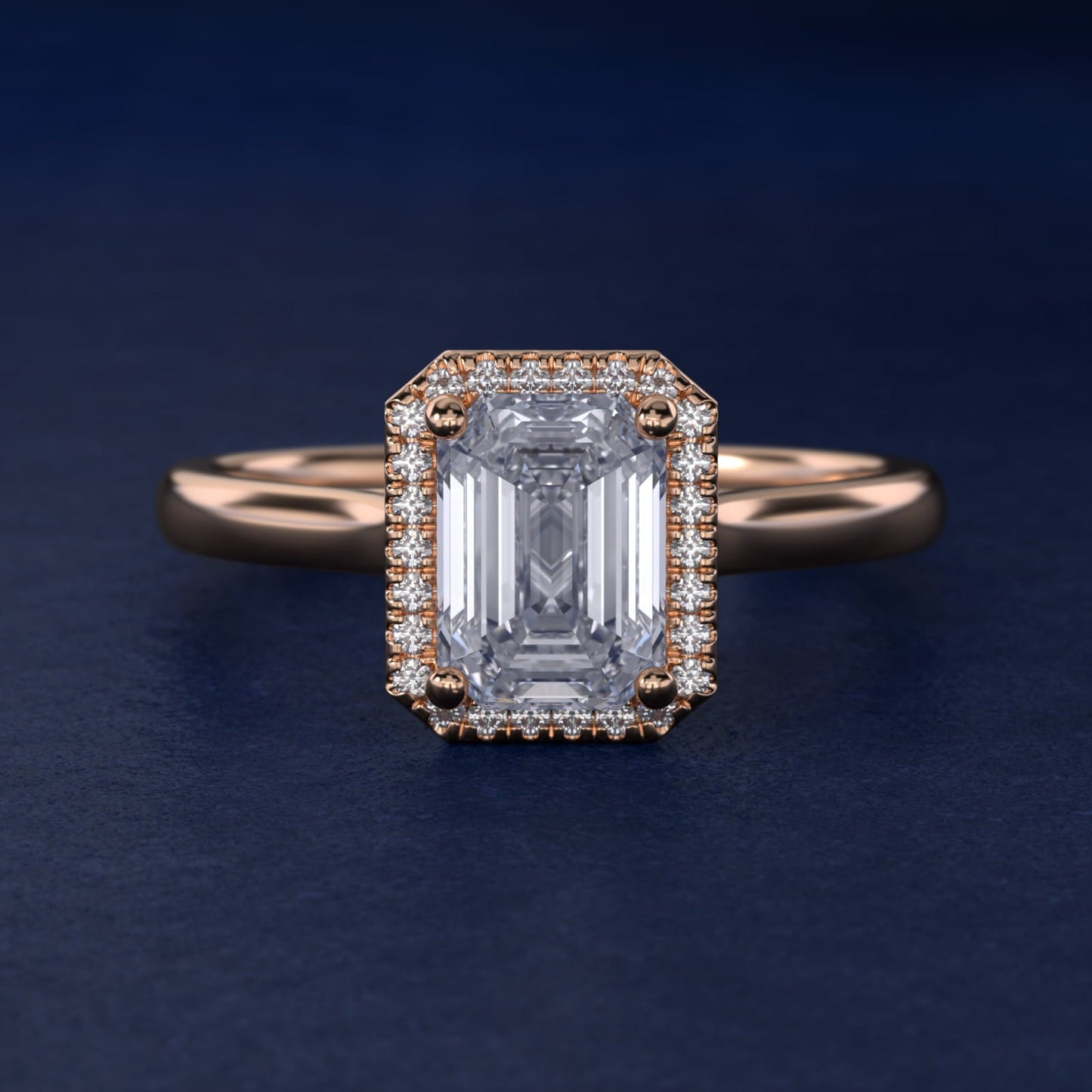 Plain Shank Floating Halo Engagement Ring in 18k Rose Gold - Emerald Center