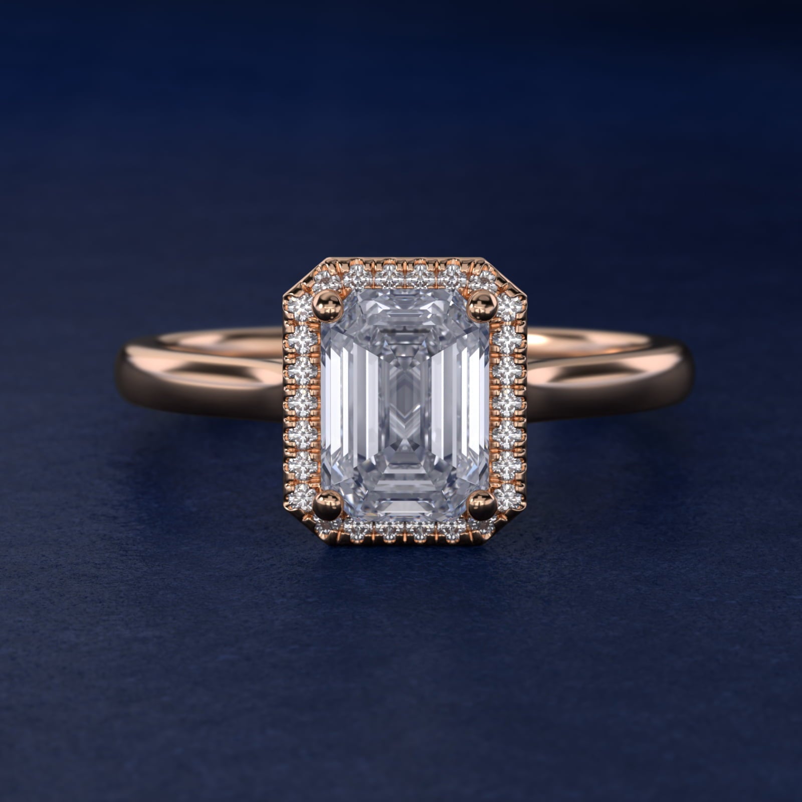 Plain Shank Floating Halo Engagement Ring in 18k Rose Gold - Emerald Center
