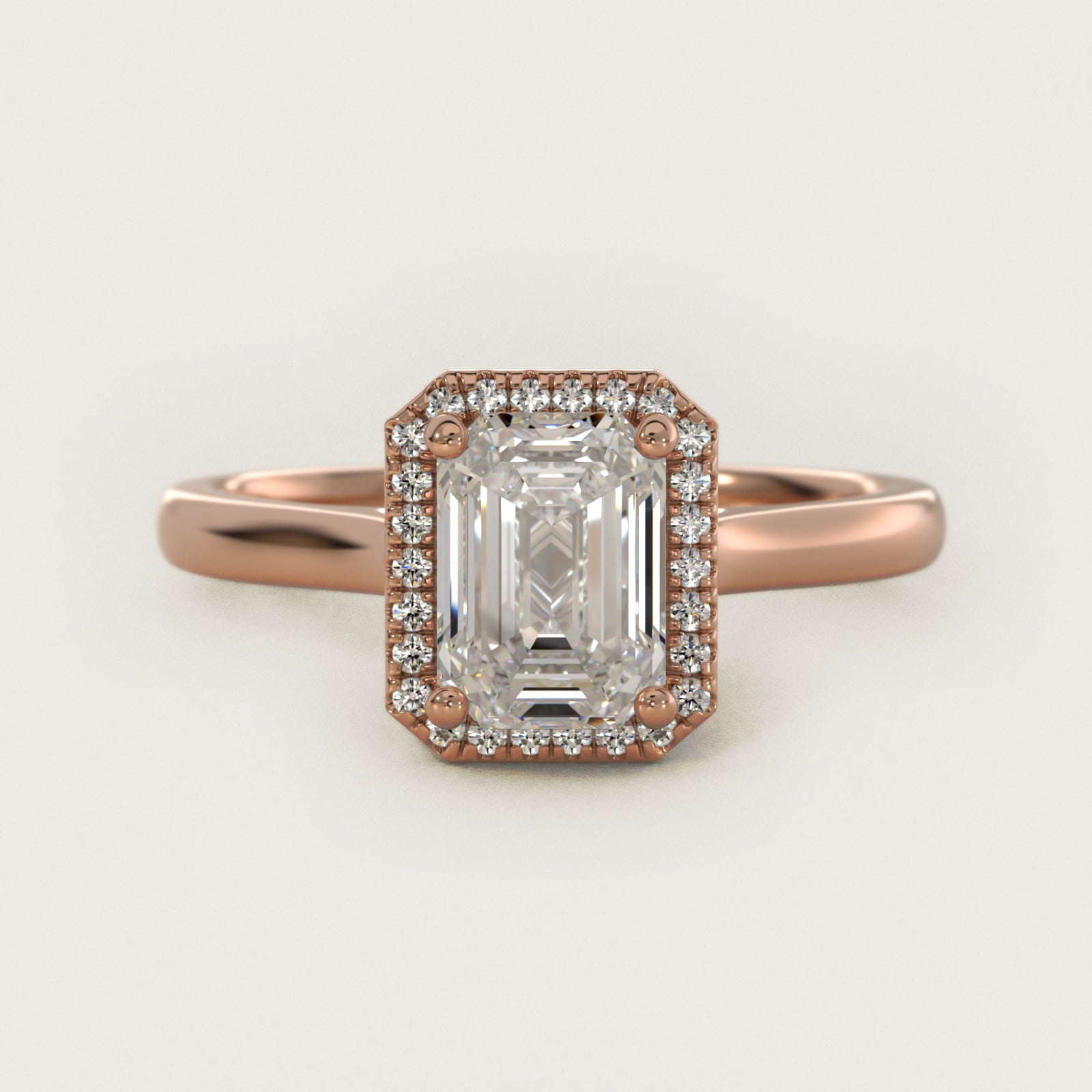 Plain Shank Floating Halo Engagement Ring in 14k Rose Gold - Emerald Center