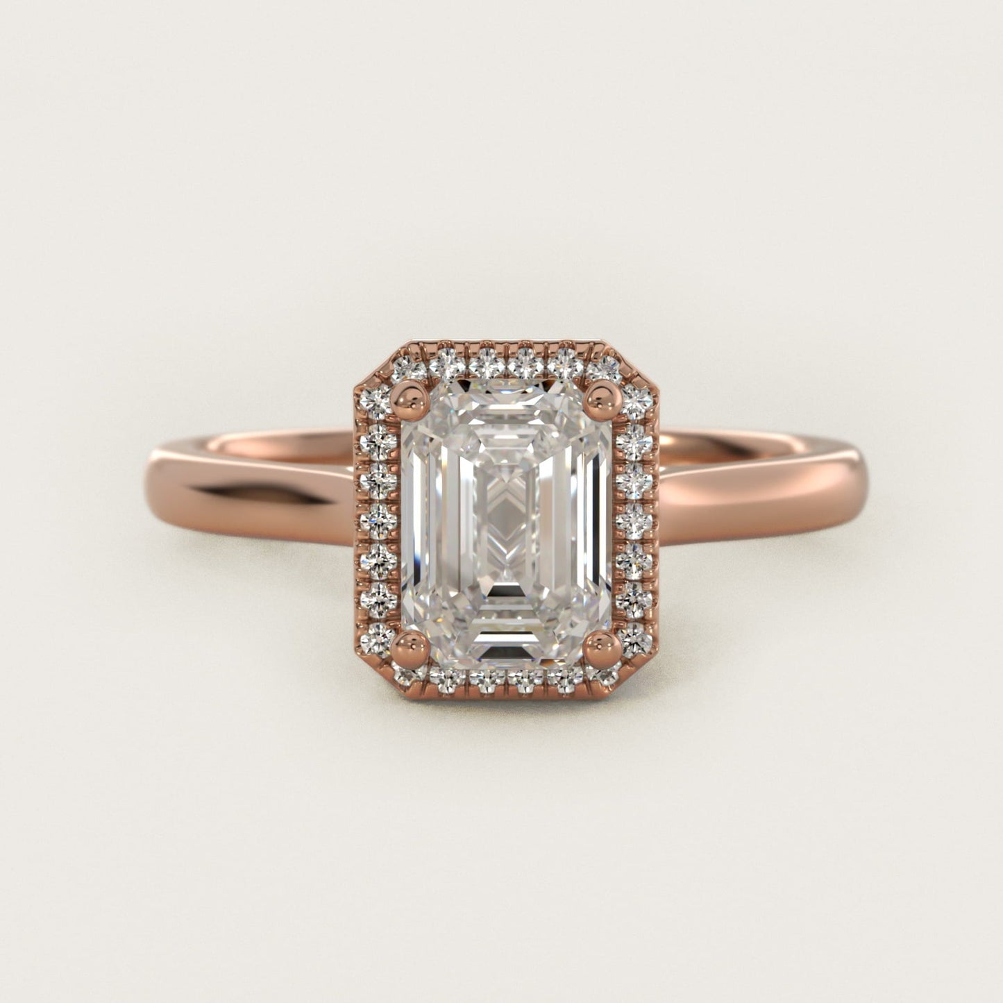 Plain Shank Floating Halo Engagement Ring in 18k Rose Gold - Emerald Center