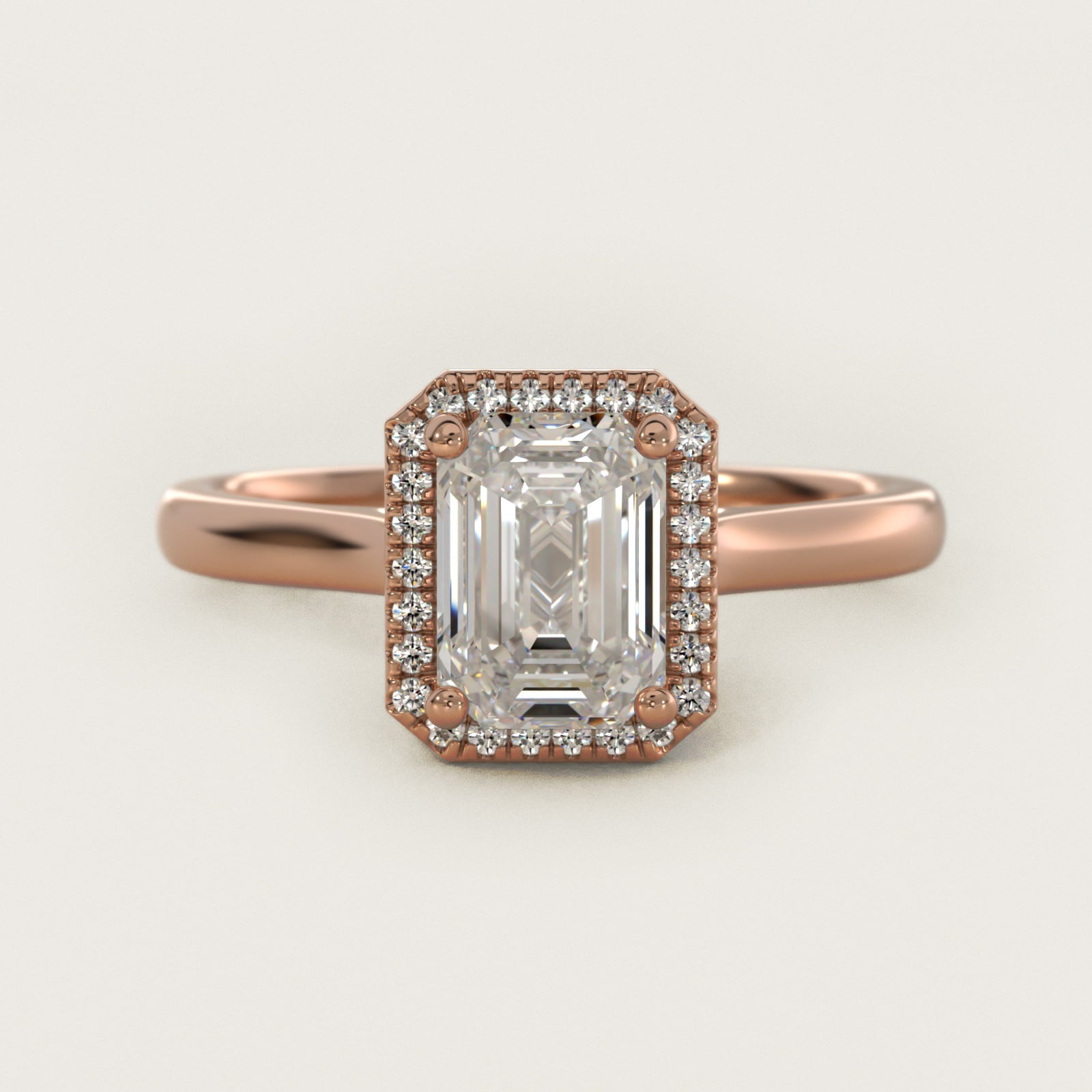 Plain Shank Floating Halo Engagement Ring in 18k Rose Gold - Emerald Center