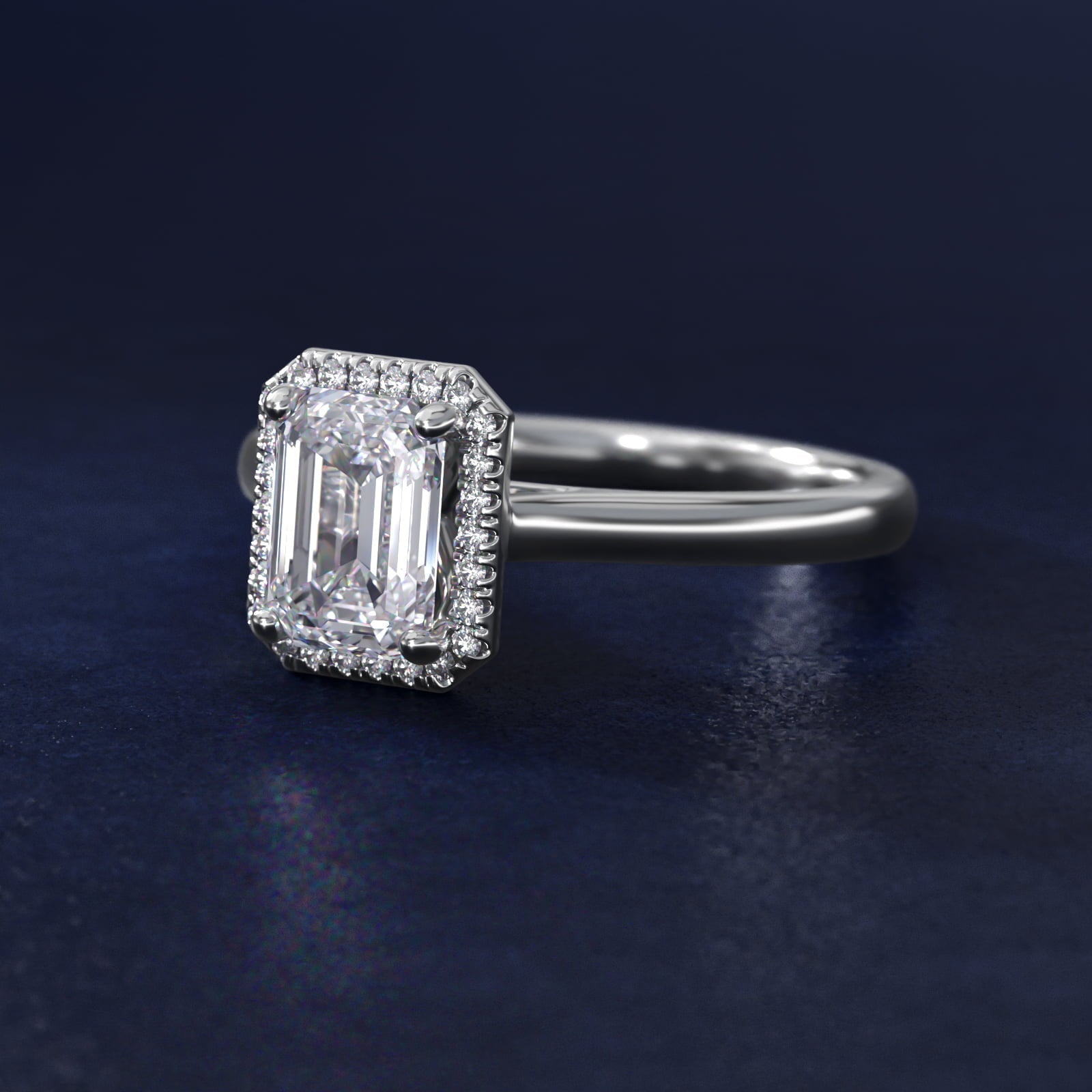Plain Shank Floating Halo Engagement Ring in 18k White Gold - Emerald Center